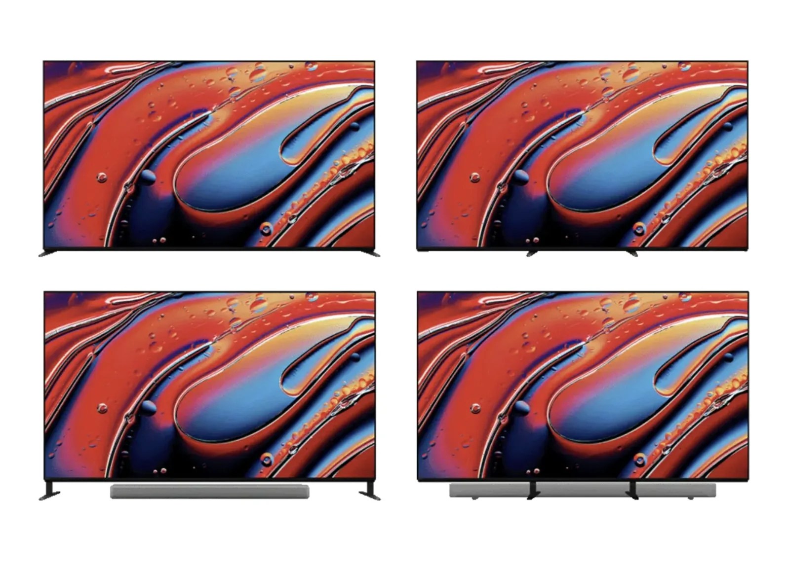 Four Sony Bravia 9s in a four grid pattern each showing a different configuration of the TVs stand.