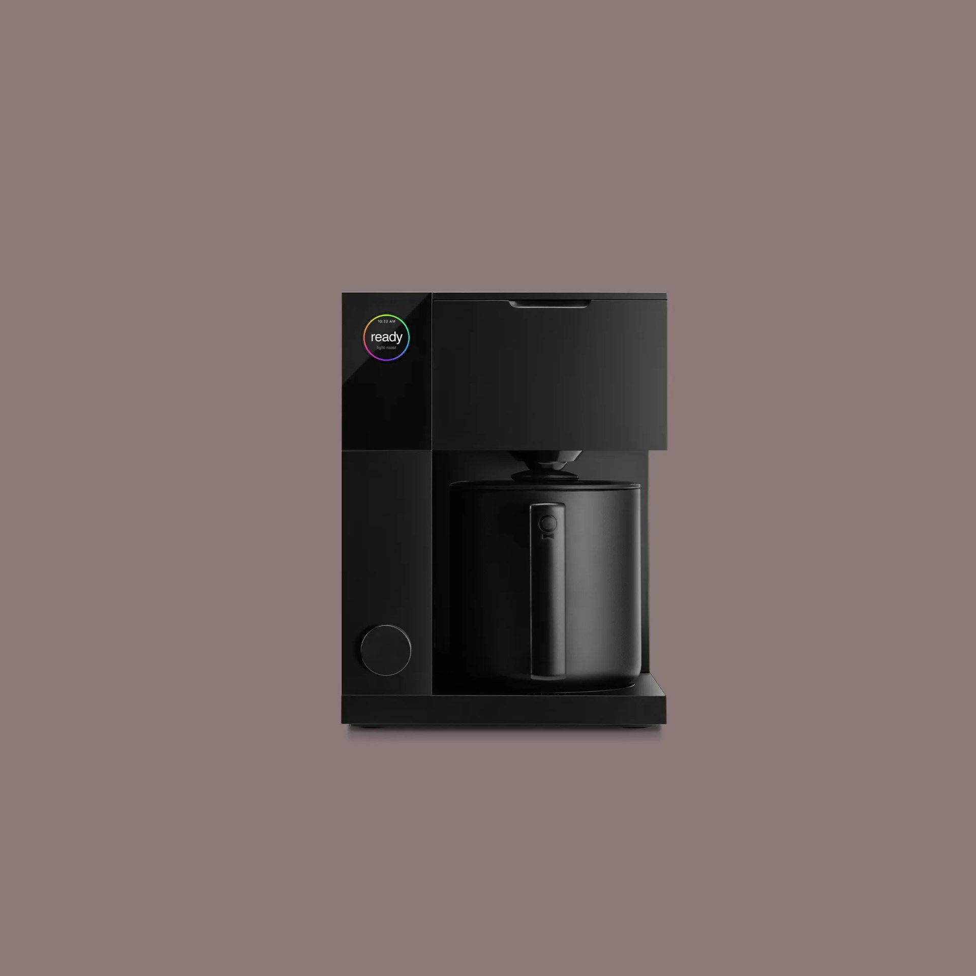 black coffee maker on plum background