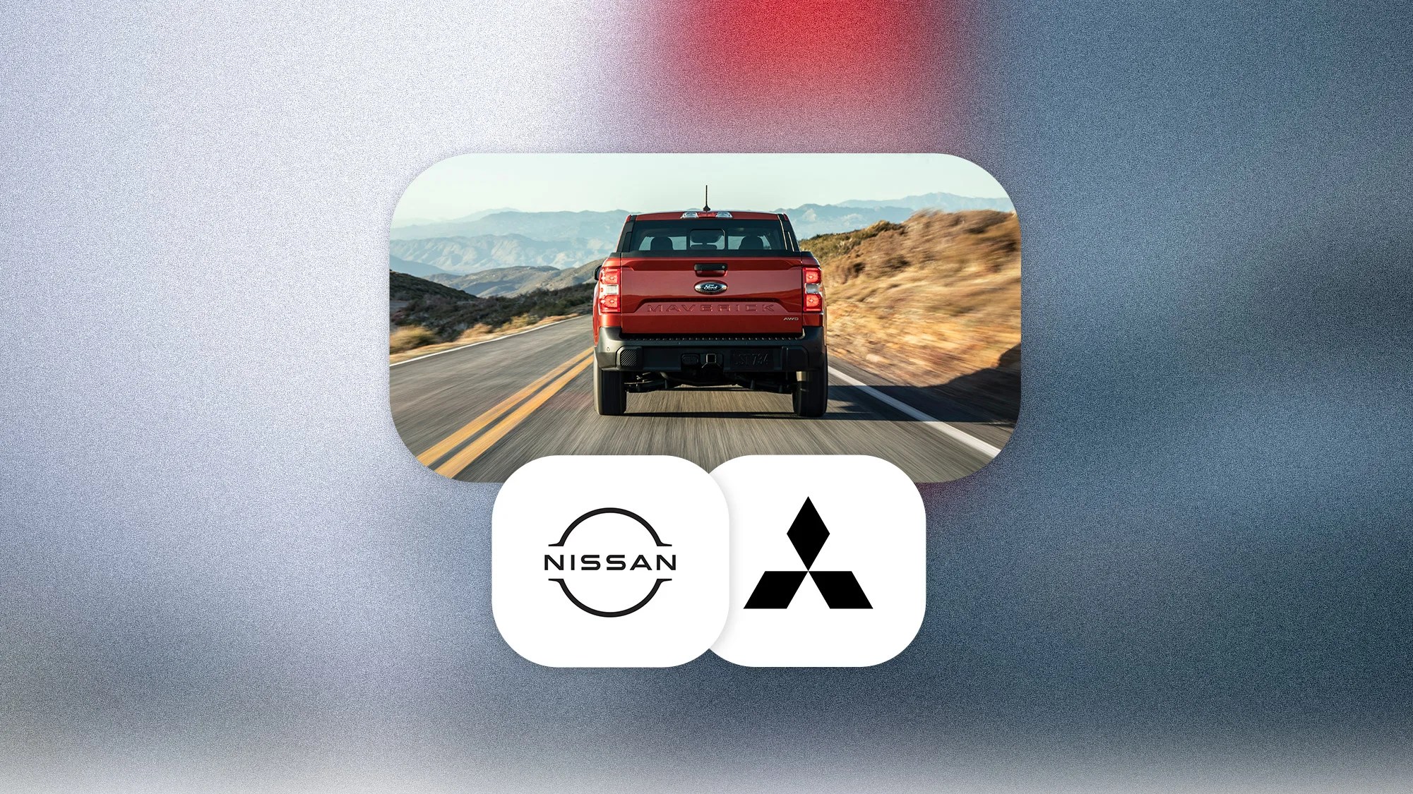 Back of Maverick Pickup Truck with Nissan and Mitsubishi Logos Below in Bubble