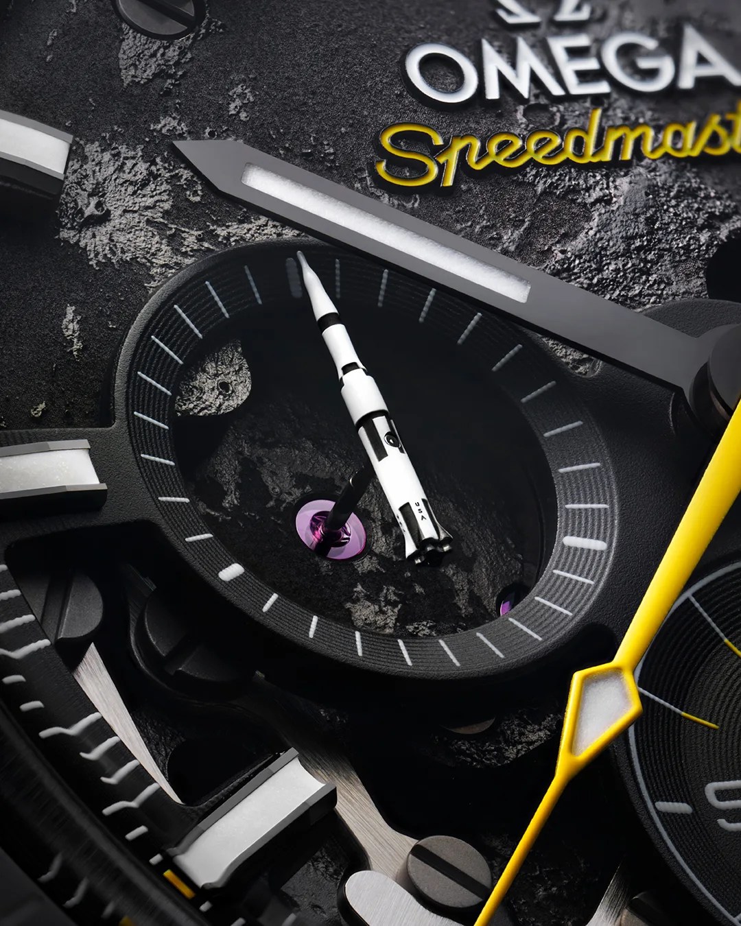 closeup of rocket seconds hand on omega speedmaster dark side of the moon watch