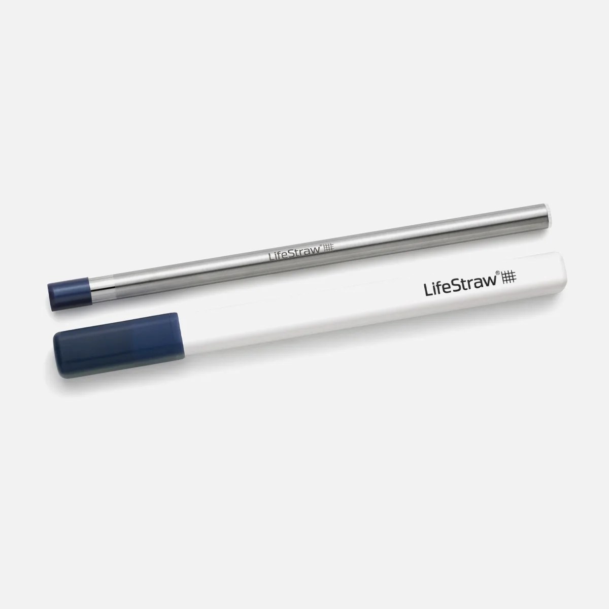 A Lifestraw Sip shown lying flat against a grey background next to its included white carrying case.