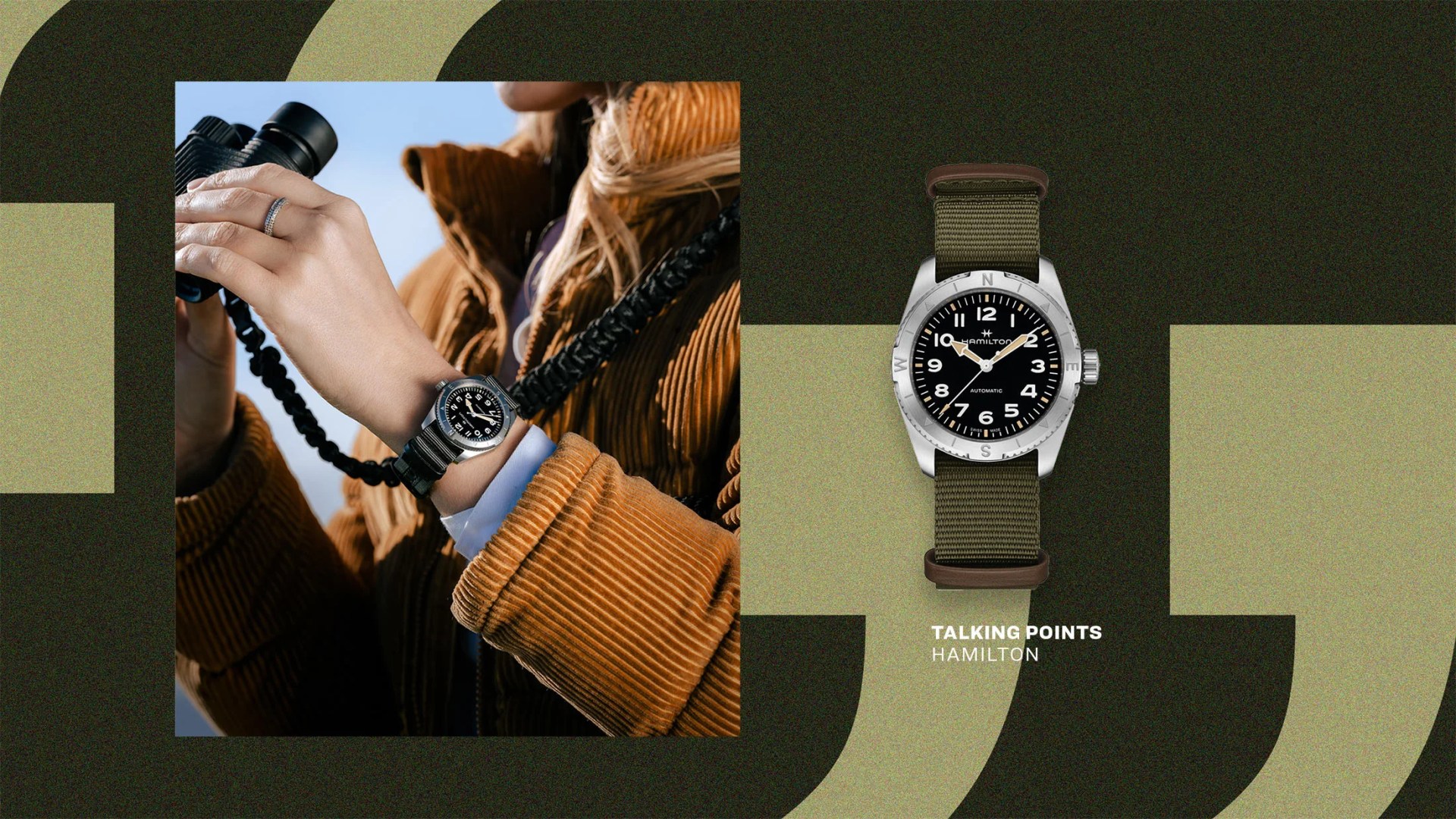 watch on hiker's wrist with binoculars