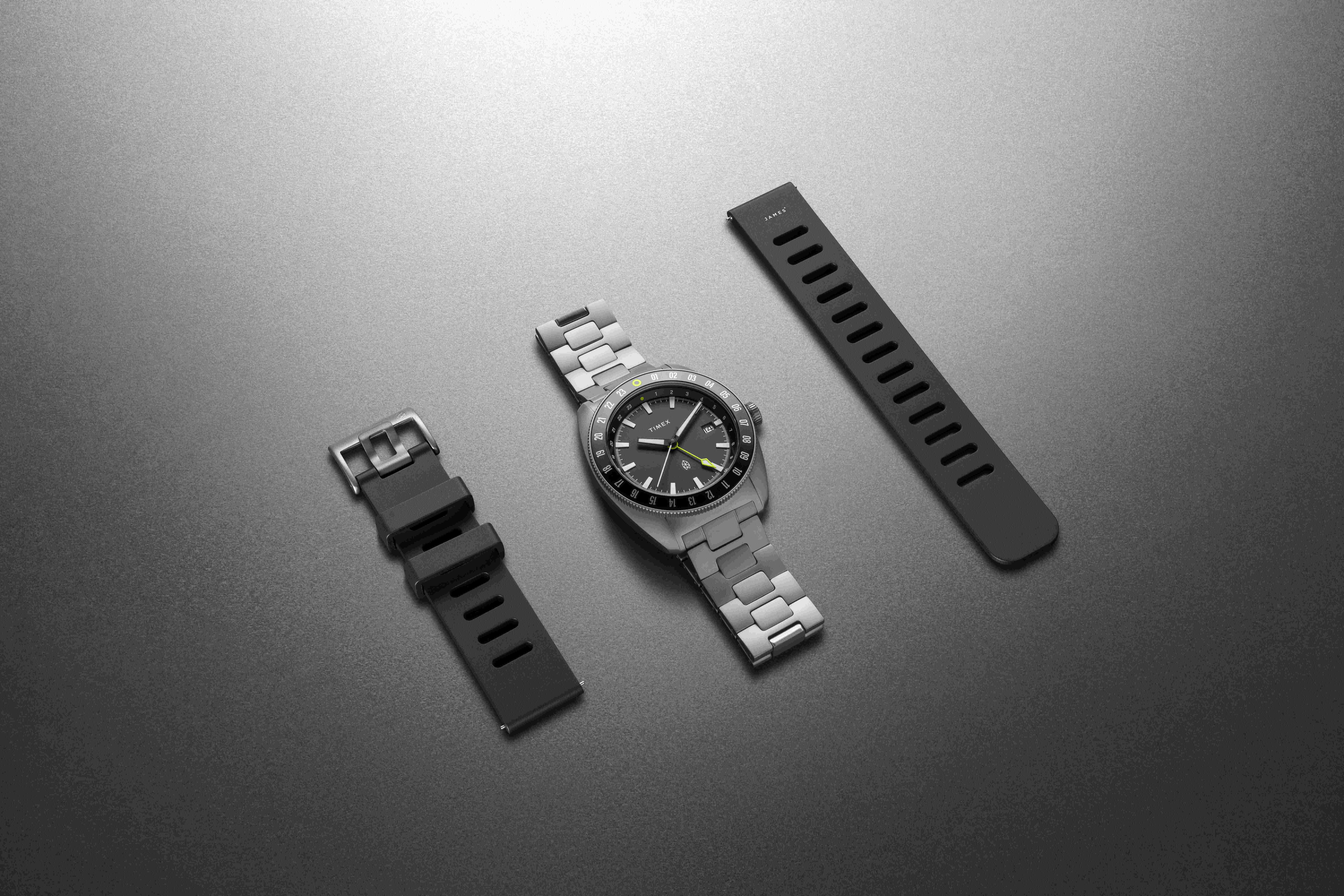 timex x the james brand watch next to a black strap