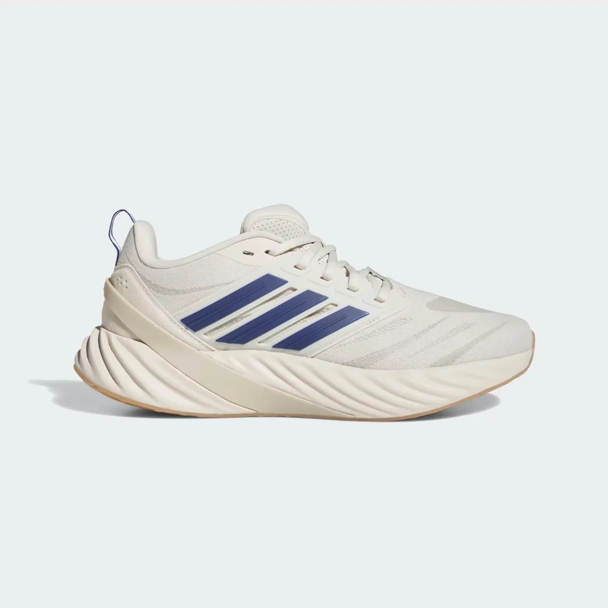 Off-white running shoe with blue Adidas stripes and a thick, sculpted sole.
