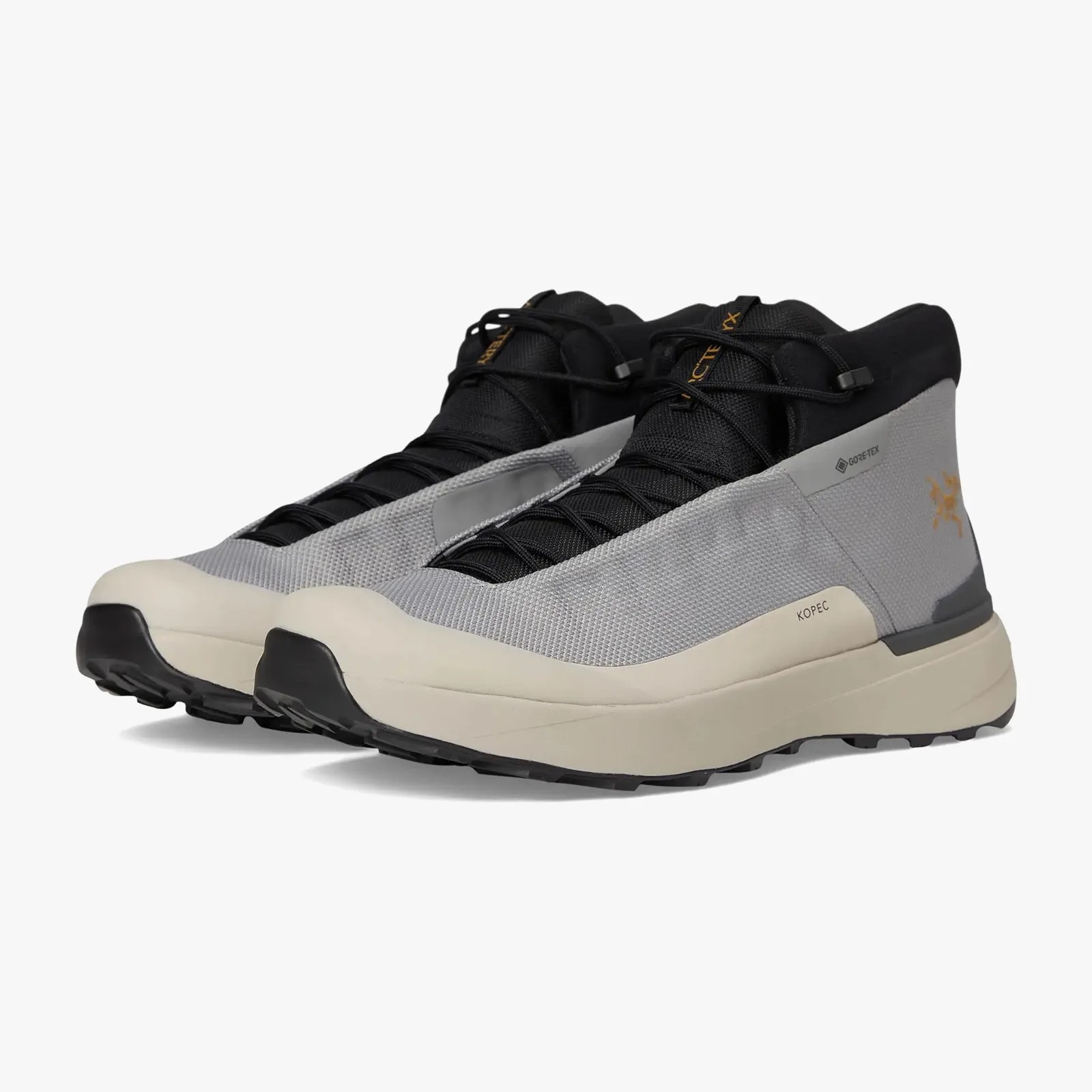 Pair of gray and black high-top sneakers with beige soles and black laces.