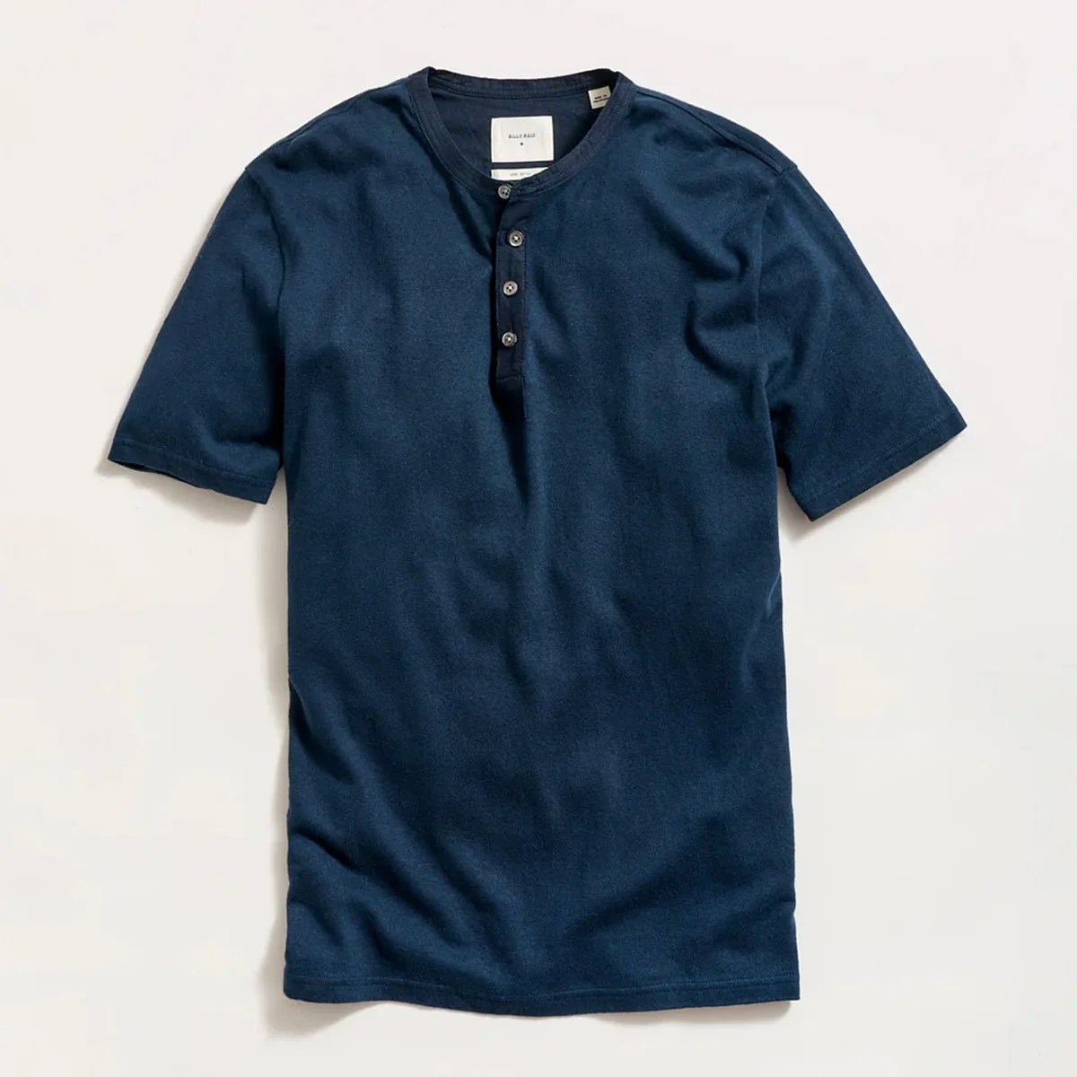 Navy blue short-sleeve henley shirt with four buttons and a round neckline.