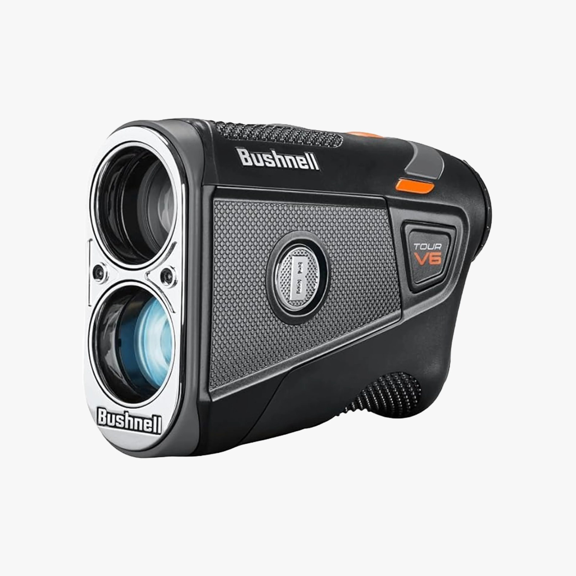 Black and gray Bushnell Tour V6 laser rangefinder with dual lenses and textured grip.