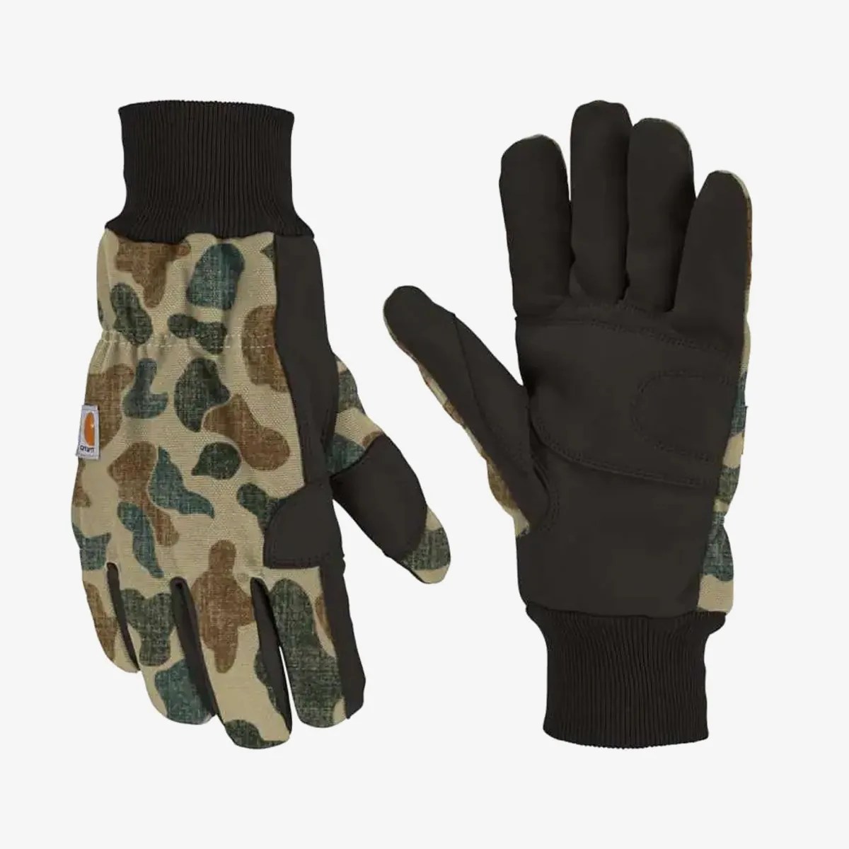 Pair of camouflage-patterned gloves with black palms and ribbed black cuffs.