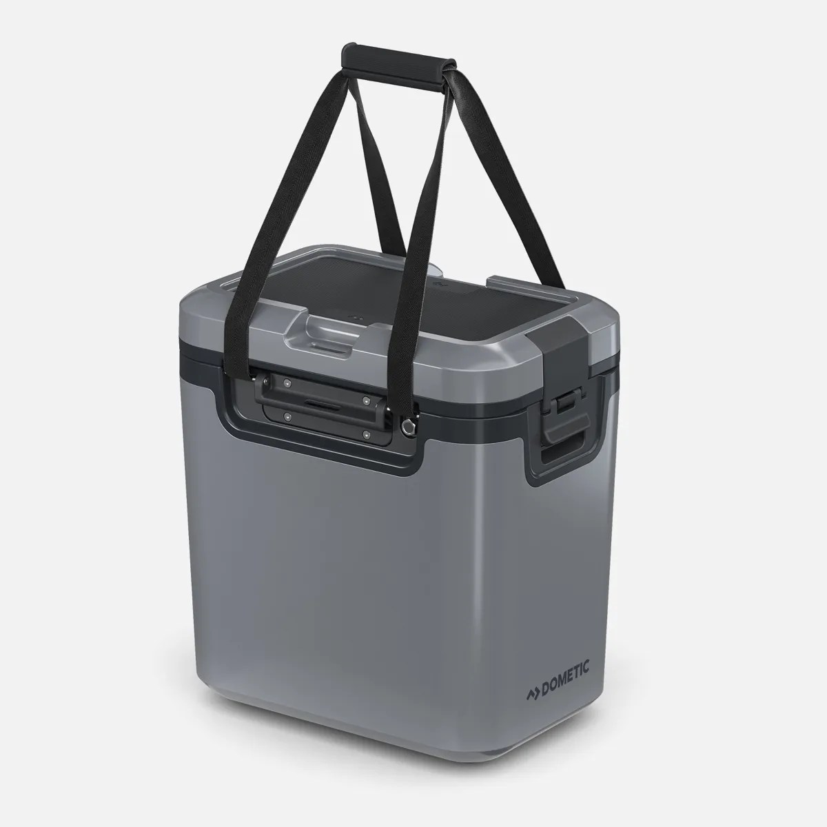 Gray and black Dometic portable cooler with black carrying straps and handles.