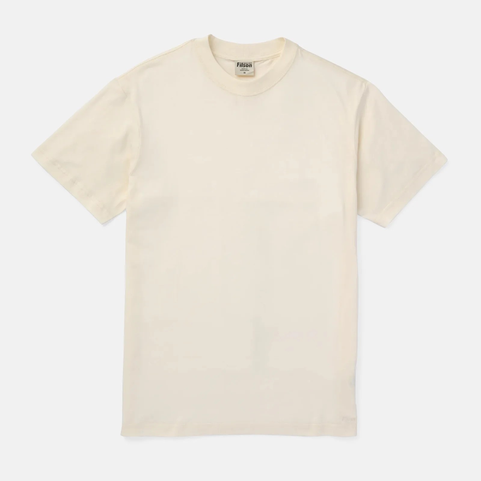 Off-white short-sleeve crew neck T-shirt with Filson label inside the collar.