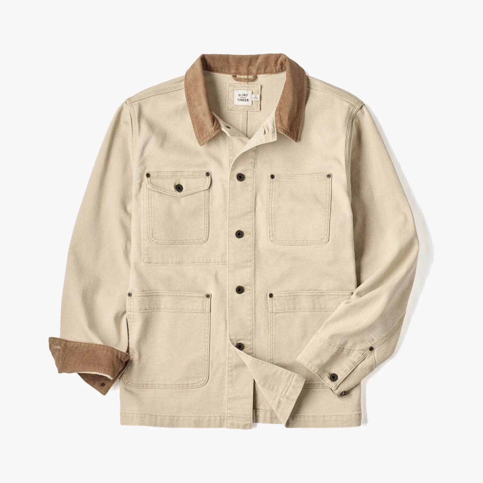 Beige canvas jacket with brown corduroy collar and cuffs, featuring four front pockets and black buttons.