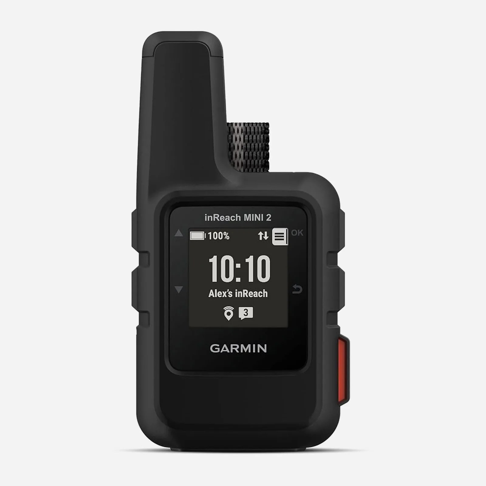 The Garmin InReach Mini 2 communicator shown head on in black against a light grey background