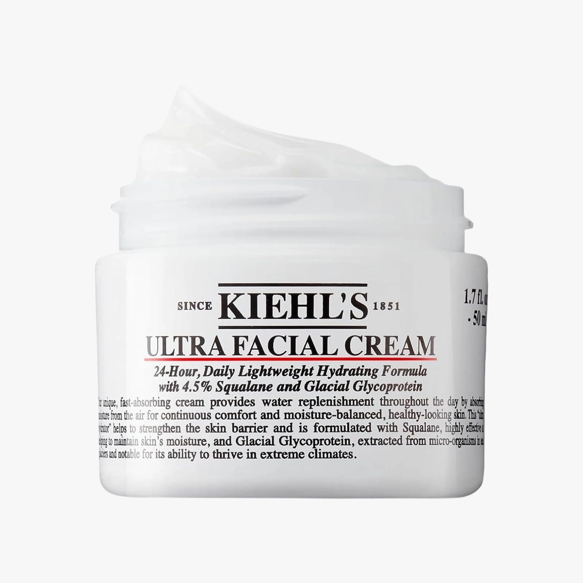 White jar of Kiehl's Ultra Facial Cream with cream visible at the top.