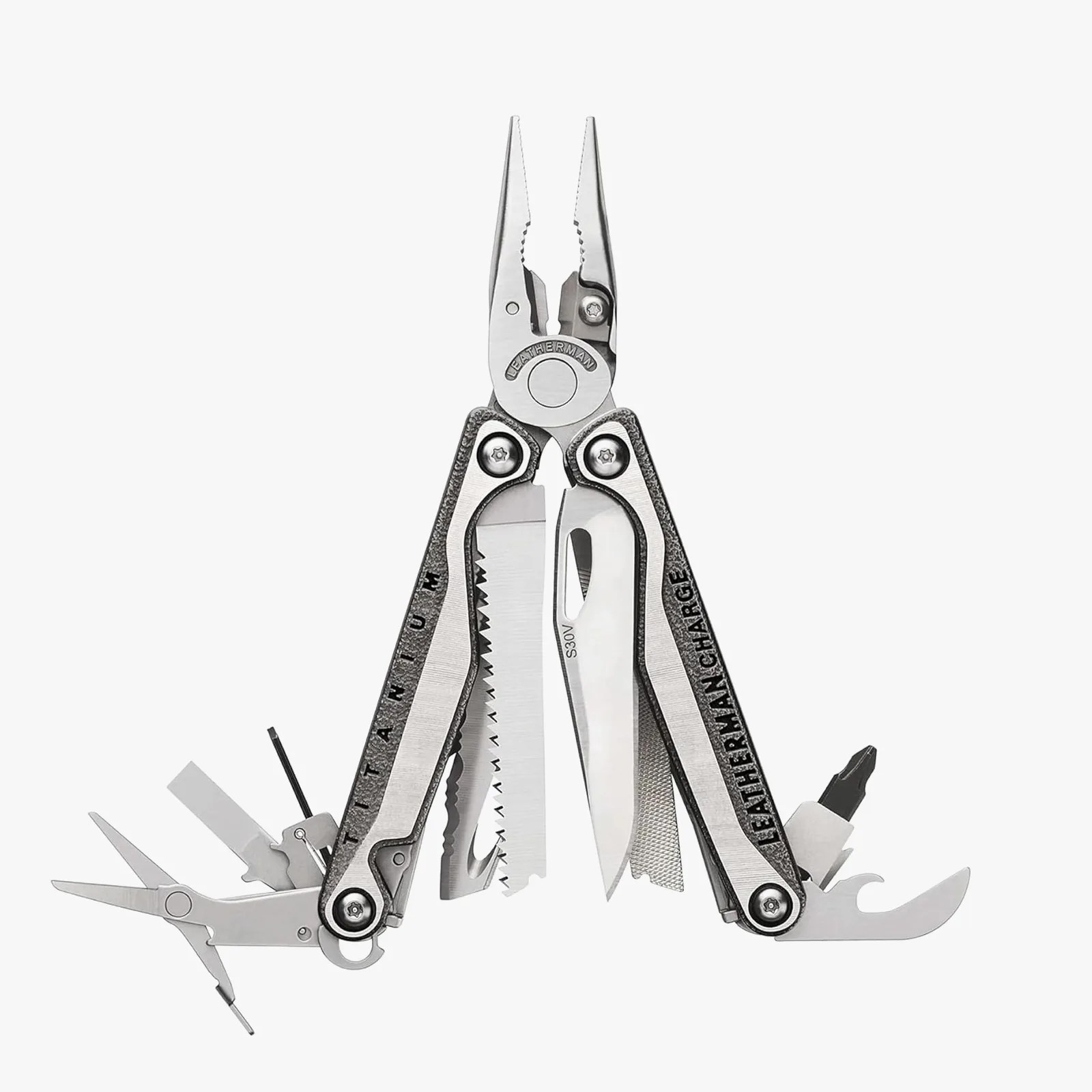 Stainless steel Leatherman Charge multi-tool with pliers, scissors, saw, knife, file, and screwdriver attachments.
