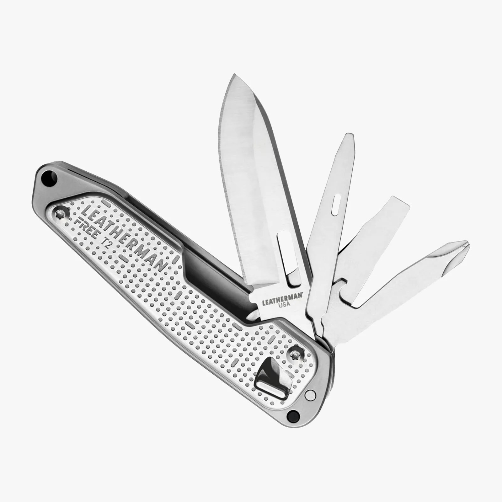 Silver Leatherman Free T2 multi-tool with knife, screwdriver, and other fold-out tools.