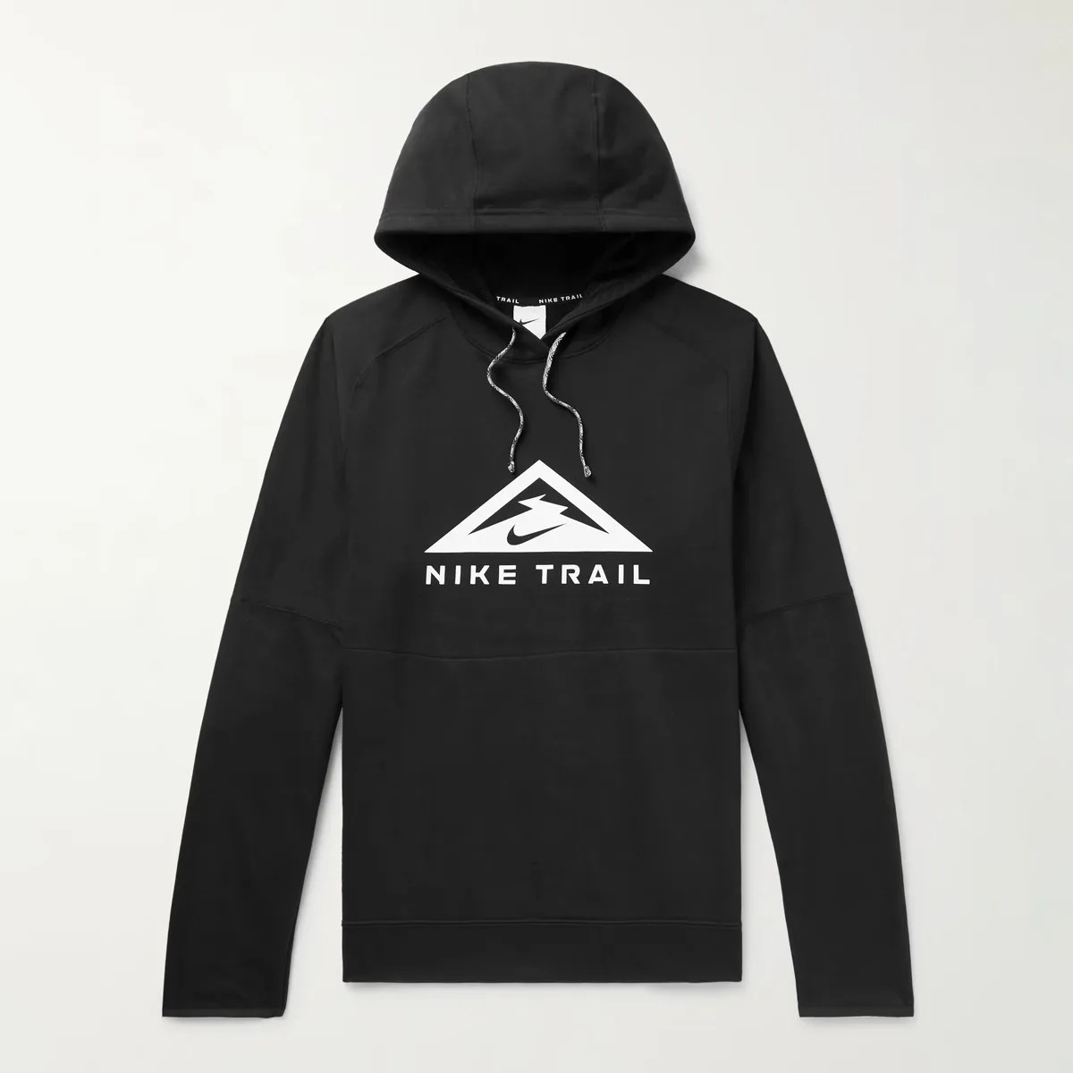 Black Nike Trail hoodie with white logo and drawstrings on a white background.