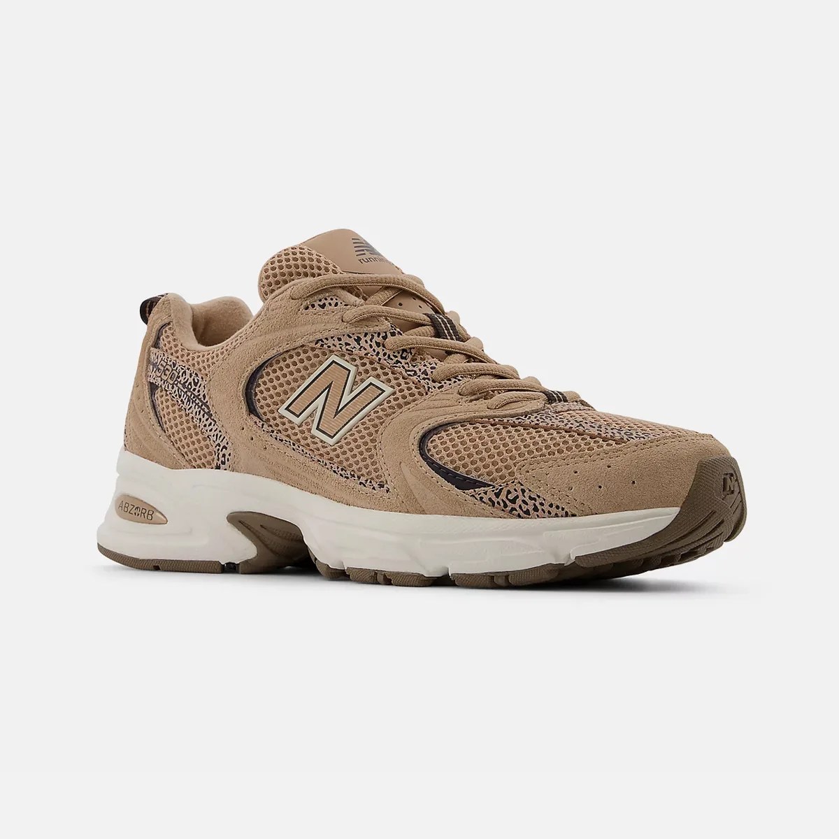 Tan mesh and suede New Balance running shoe with white midsole and brown outsole.