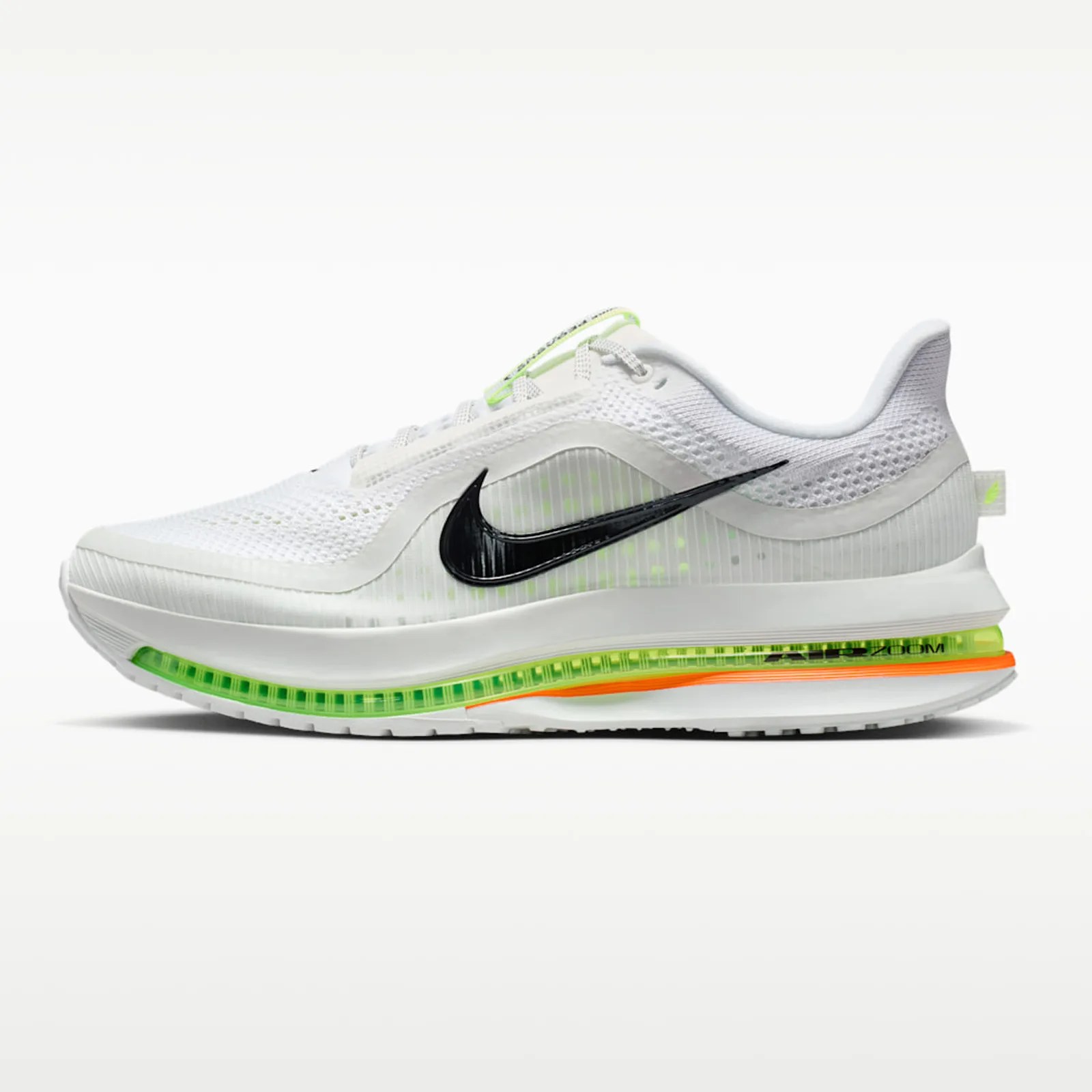 White Nike running shoe with black swoosh, neon green and orange accents, and visible air cushion sole.