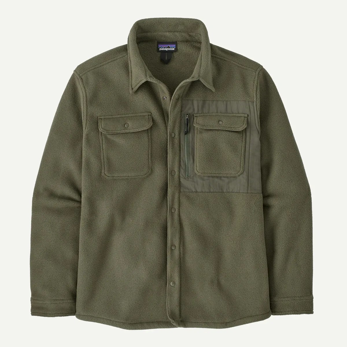 Olive green Patagonia fleece jacket with snap buttons and two chest pockets, one with a zipper.
