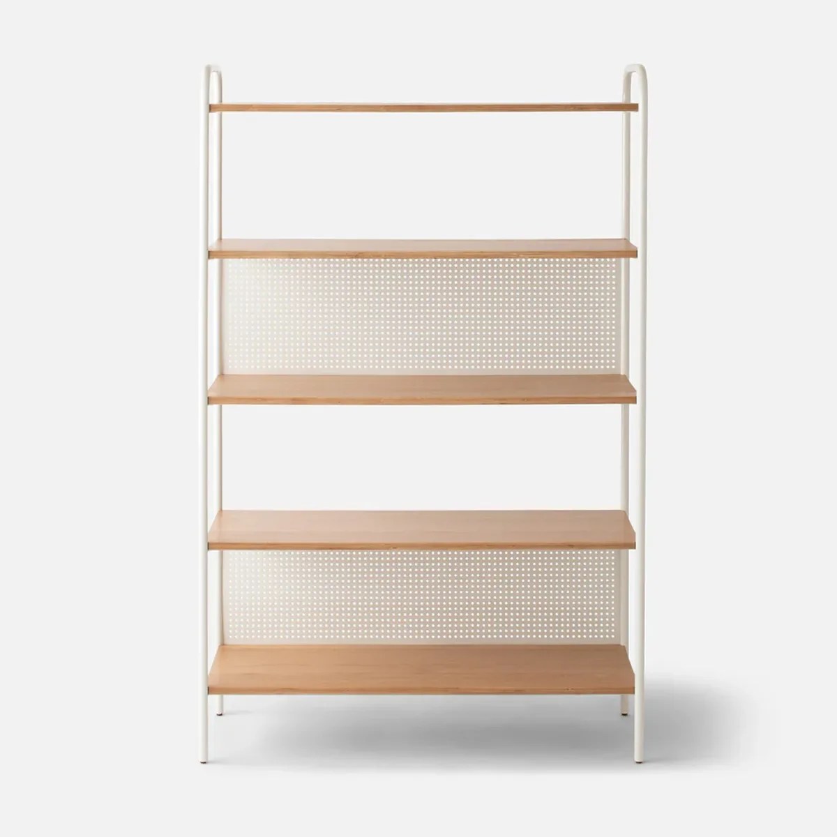 Five-tier shelving unit with light wood shelves and white metal frame with perforated back panels.