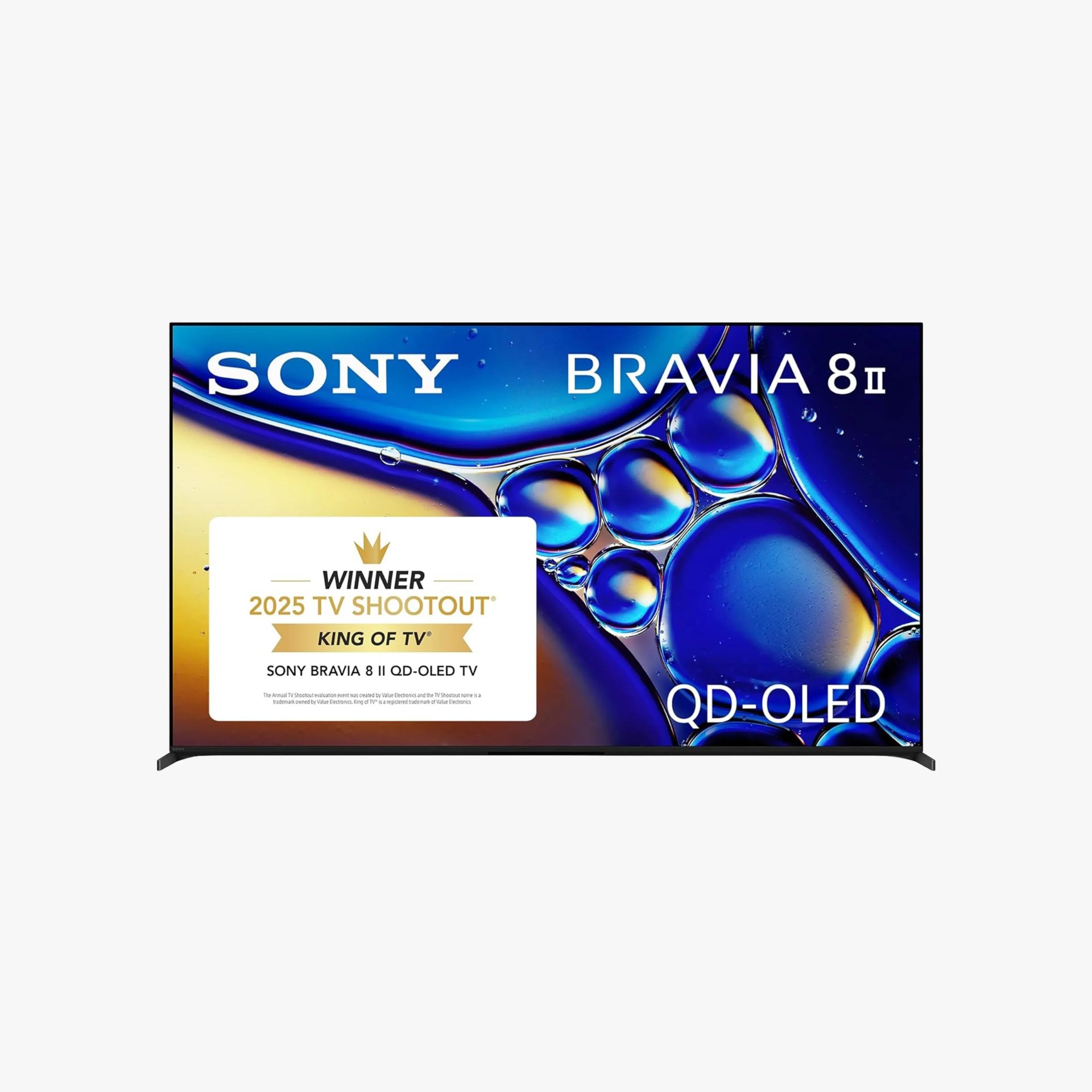 Sony Bravia 8 II QD-OLED TV with blue and gold abstract background on screen.