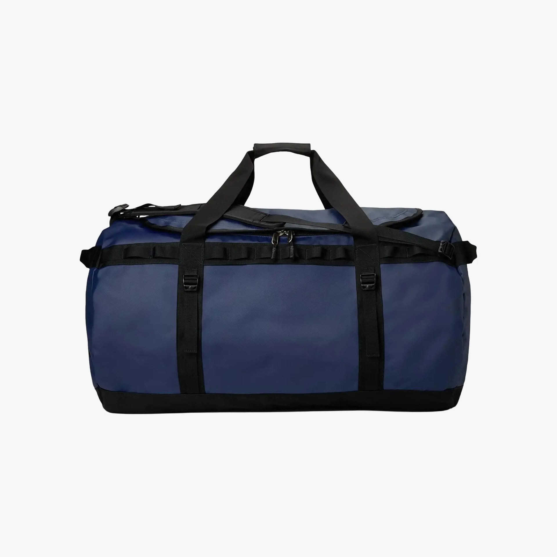 Navy blue and black large duffel bag with dual handles and adjustable shoulder strap.