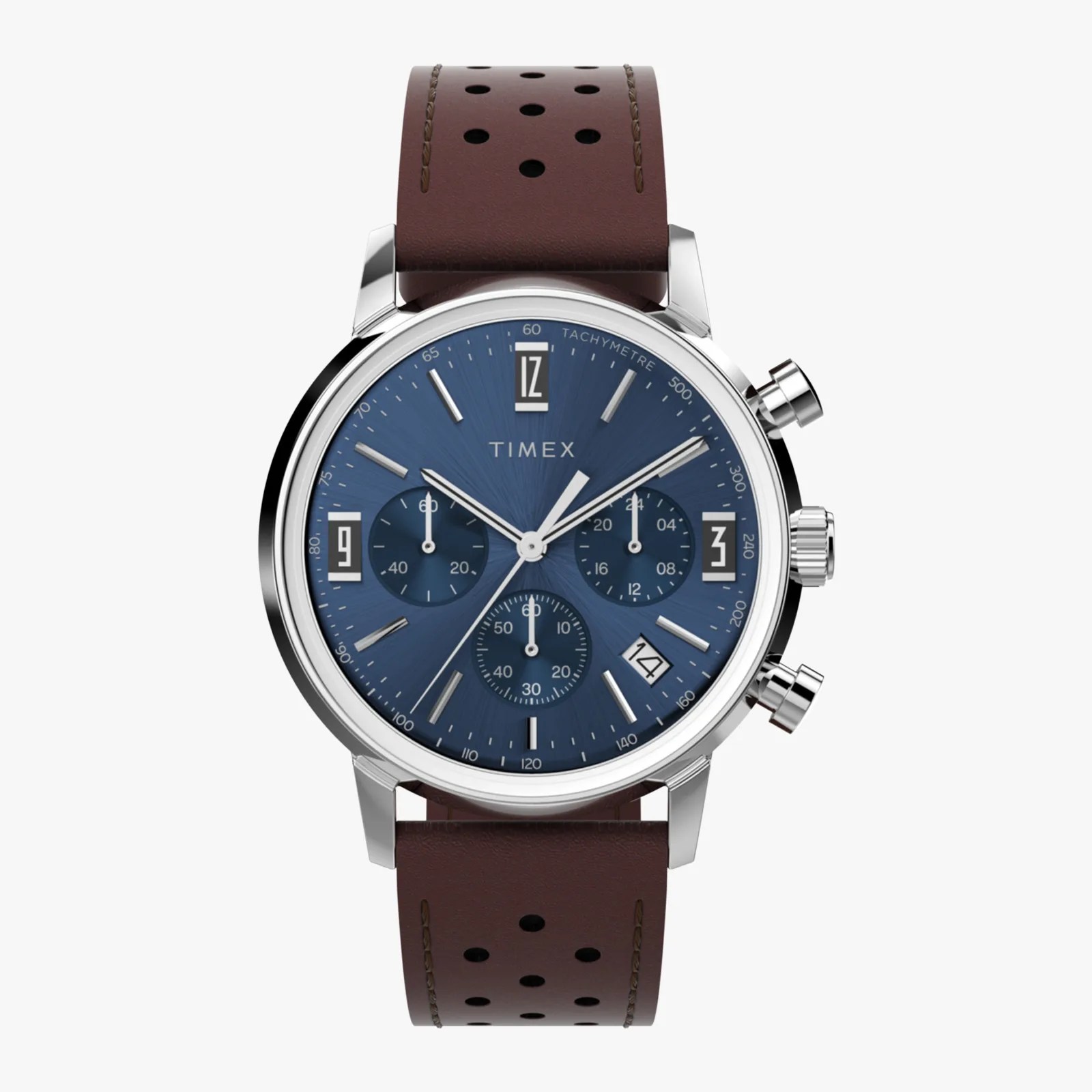 Silver Timex chronograph watch with blue dial, three subdials, date window, and brown perforated leather strap.
