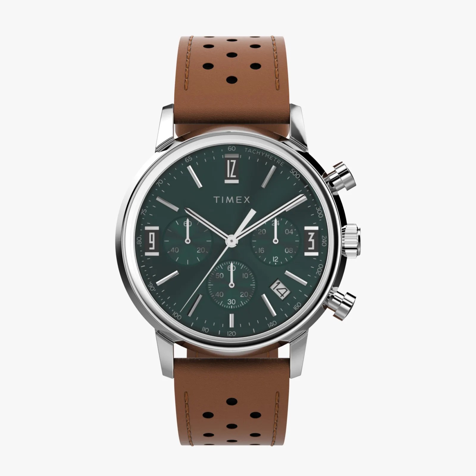 Chronograph Timex wristwatch with green dial, silver case, and perforated brown leather strap.