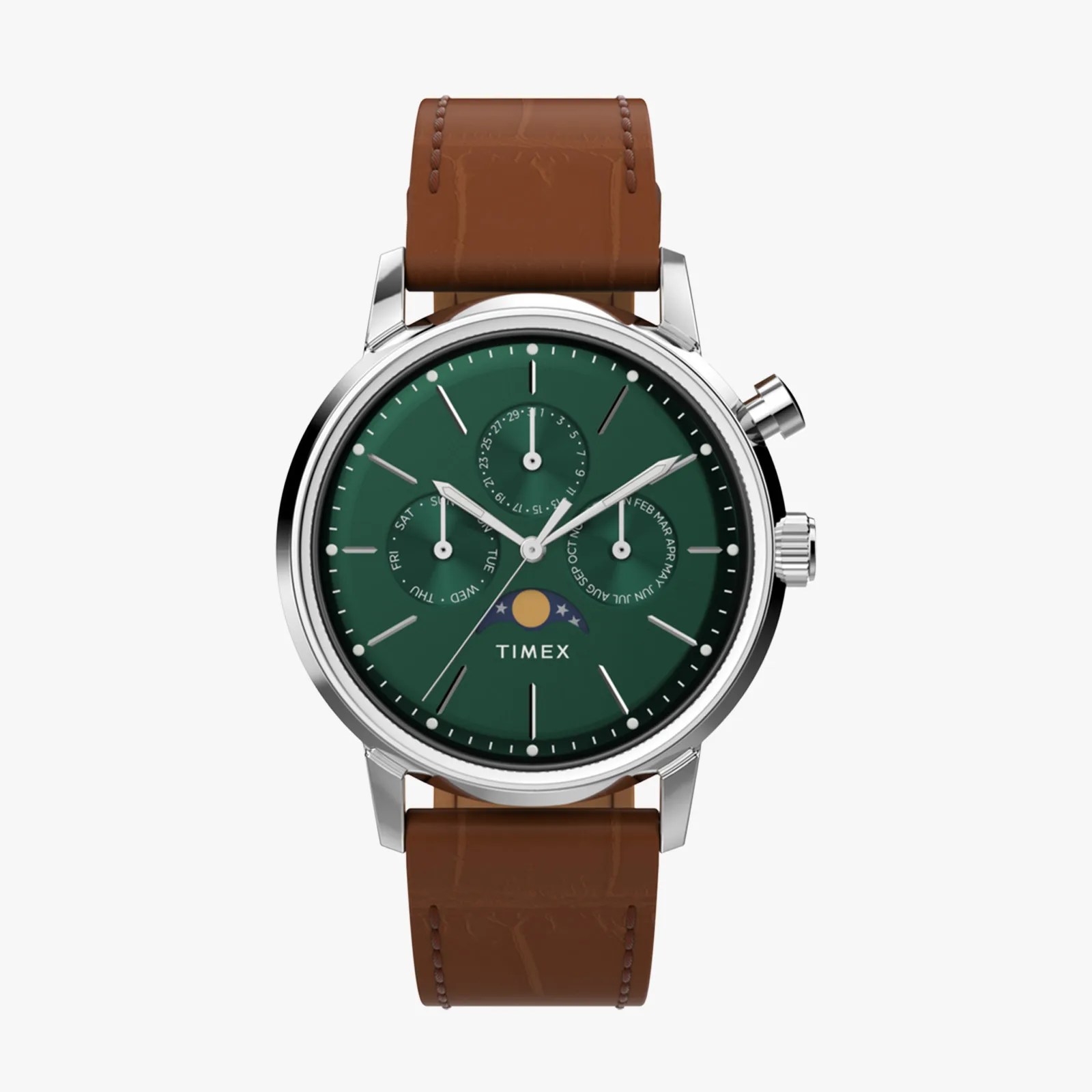 Timex watch with green dial, silver case, moon phase display, and brown leather strap.