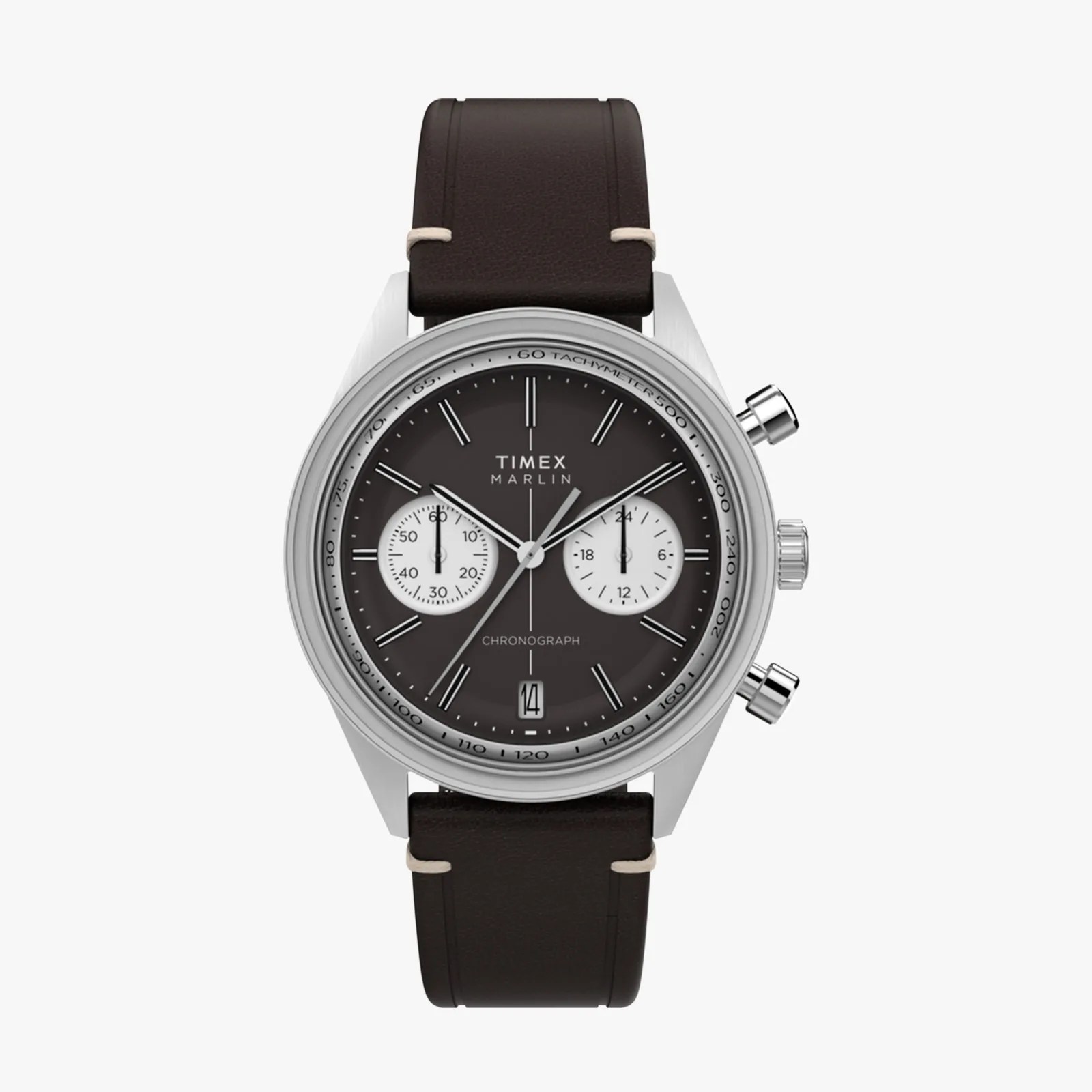 Timex Marlin chronograph watch with black dial, silver case, and dark brown leather strap.