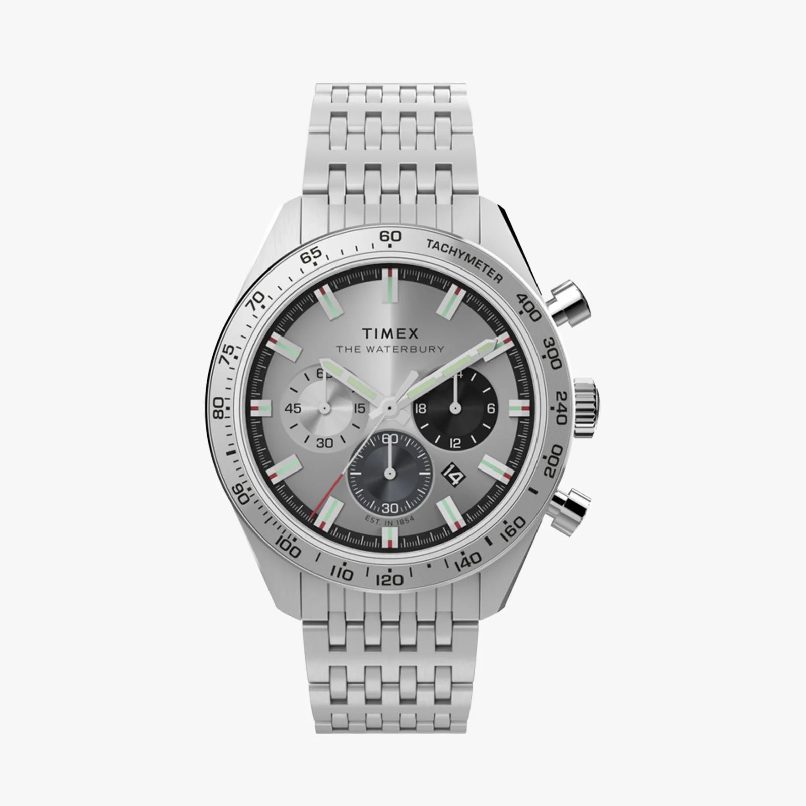 Silver Timex Waterbury chronograph watch with tachymeter bezel and metal link bracelet.