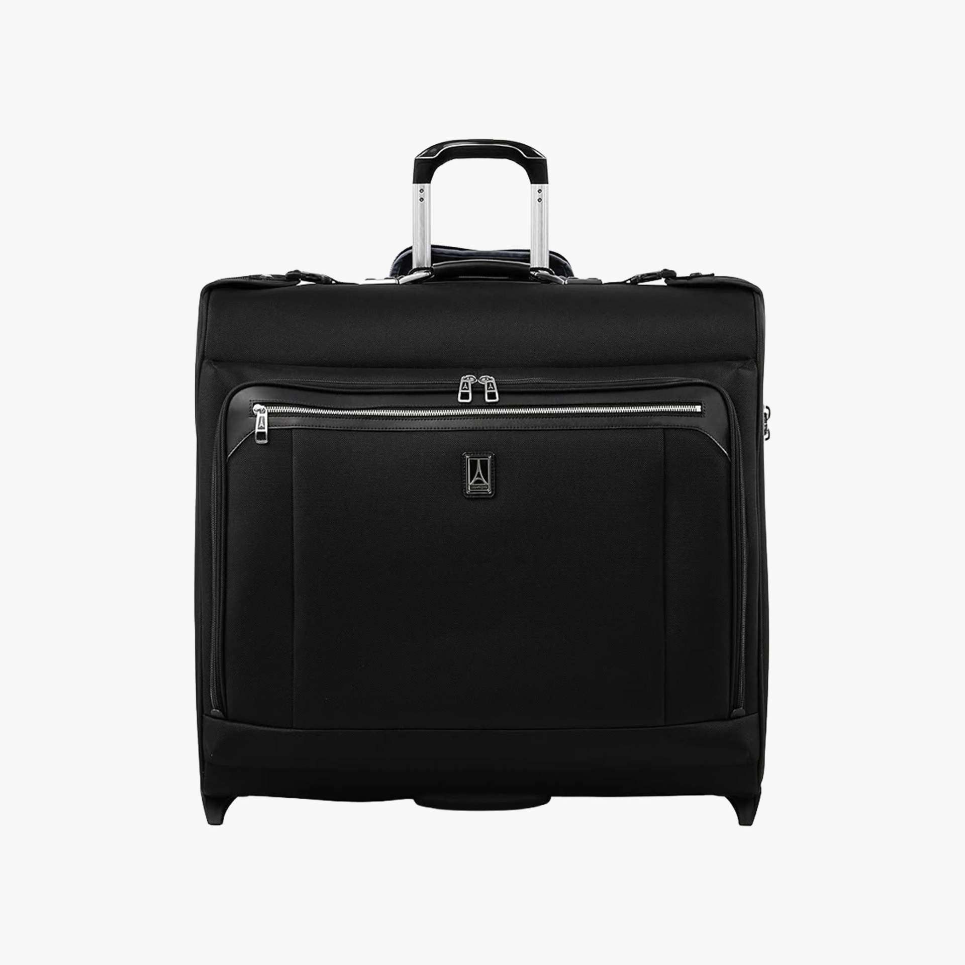 Black rolling garment bag with telescoping handle and front zippered pocket.