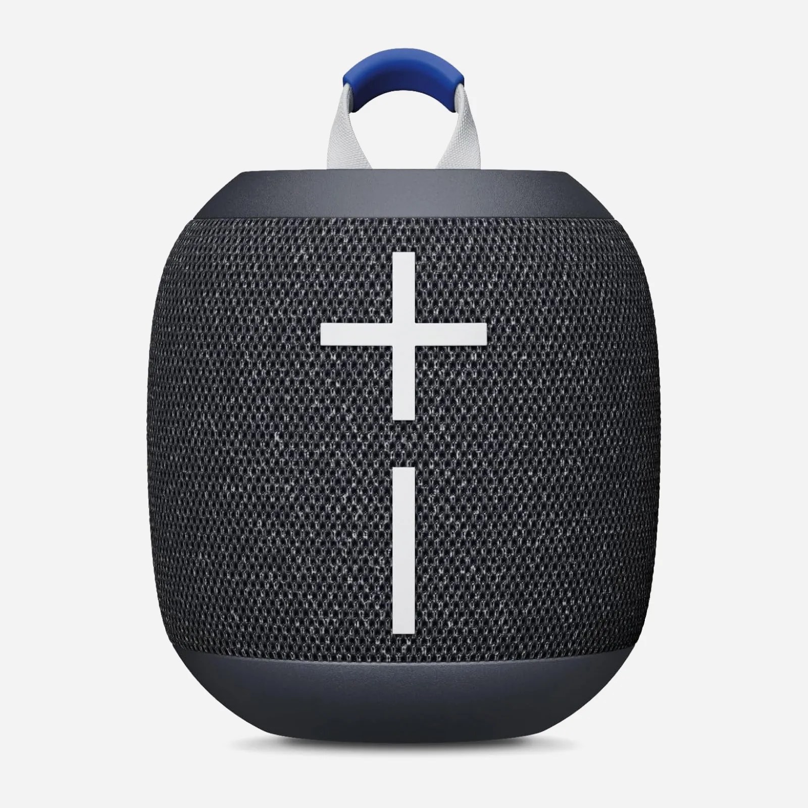 Black portable Bluetooth speaker with large white plus and minus volume buttons and a blue handle loop.