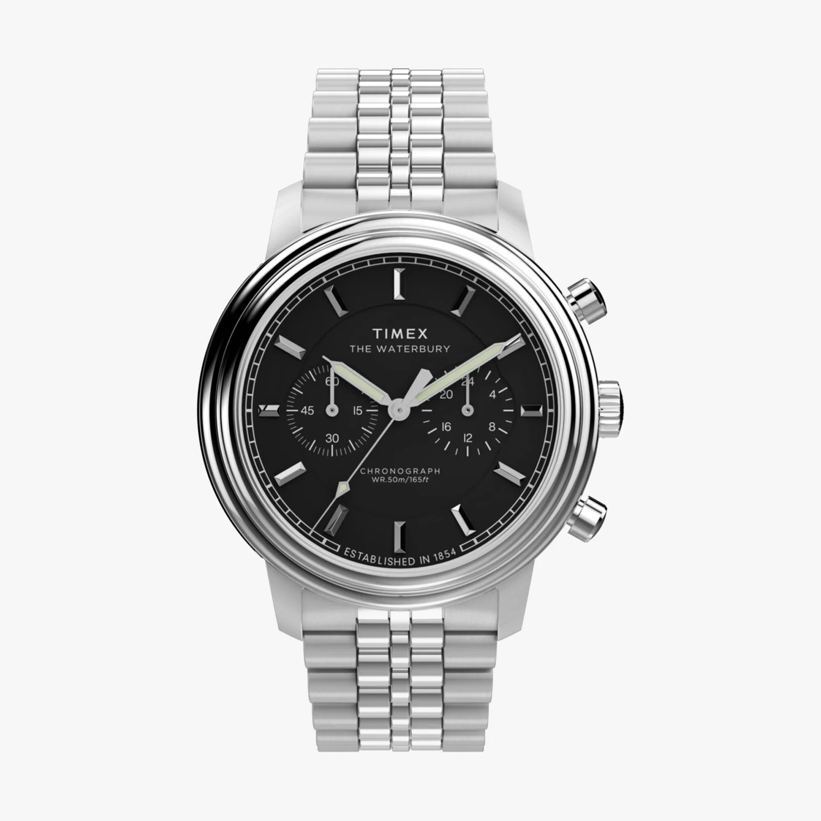 Silver Timex Waterbury chronograph watch with black dial and stainless steel link bracelet.