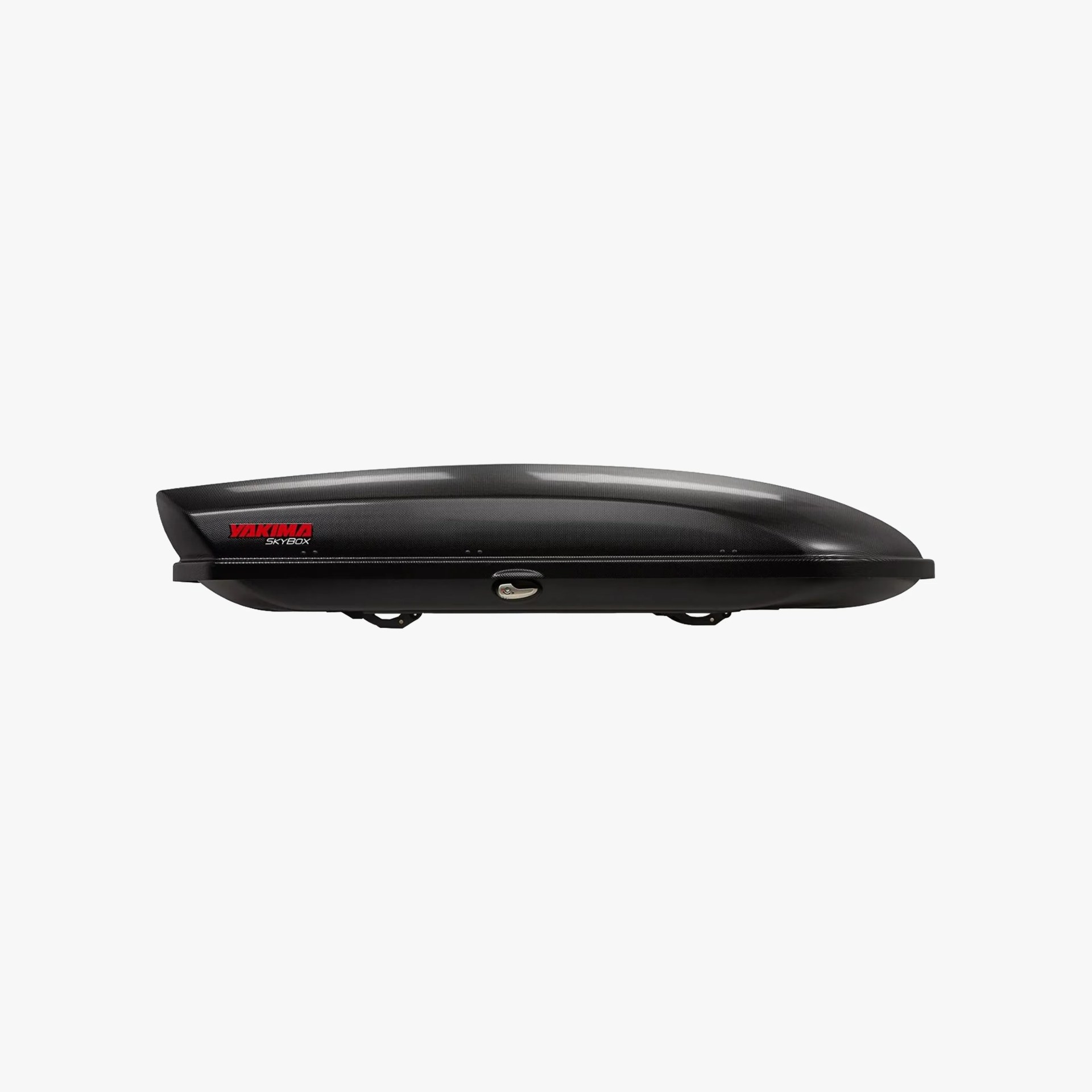 Black Yakima SkyBox rooftop cargo carrier with a glossy finish and red logo on a white background.