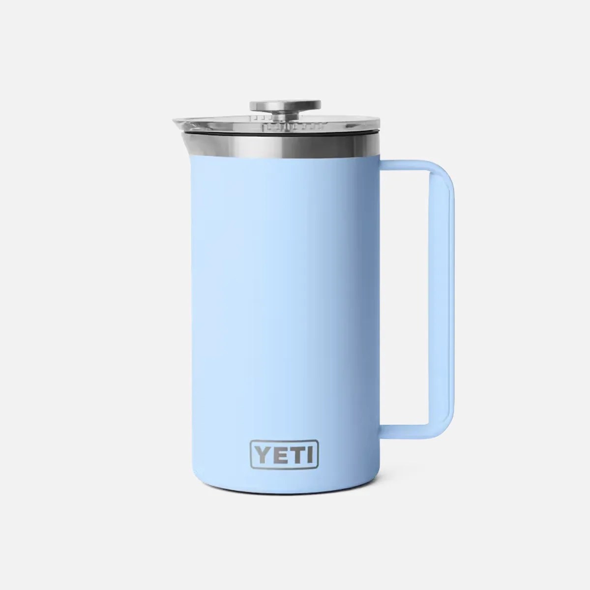 Light blue YETI insulated French press coffee maker with stainless steel lid and handle on a white background.