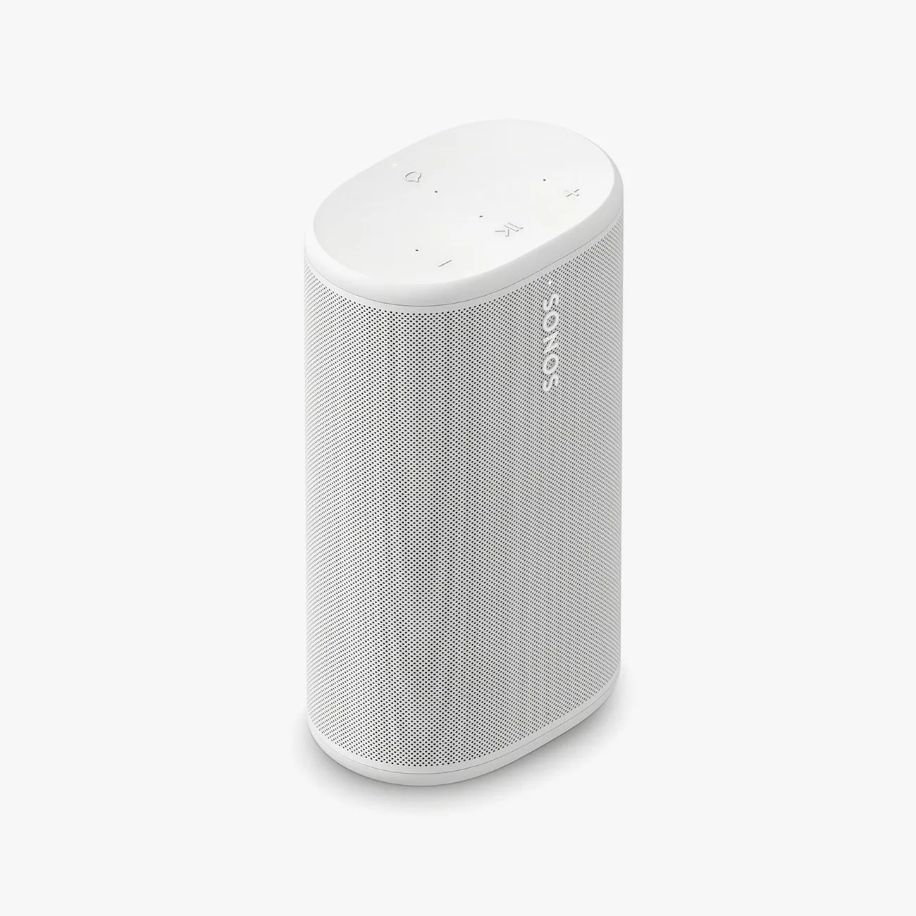 White Sonos wireless speaker with rounded edges and control buttons on top.