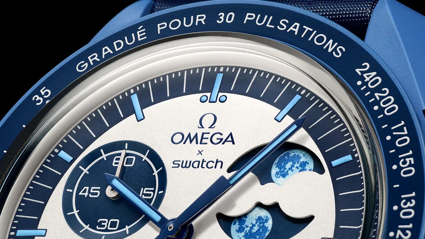 swatch x omega moonswatch dial closeup