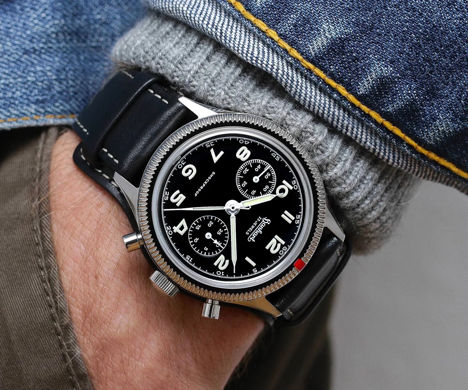 hanhart chronograph watch on a mans wrist
