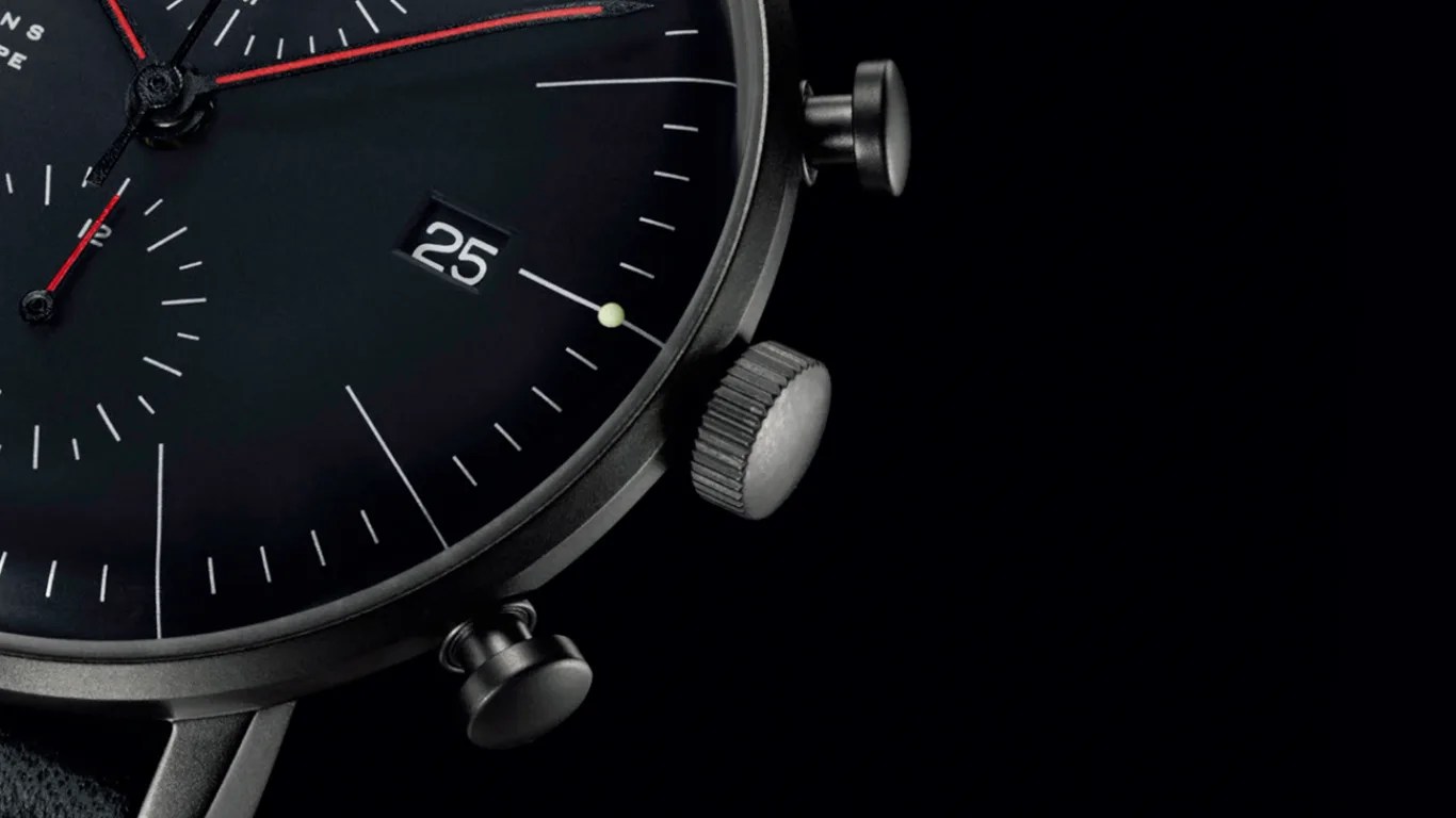 closeup of a black junghans watch