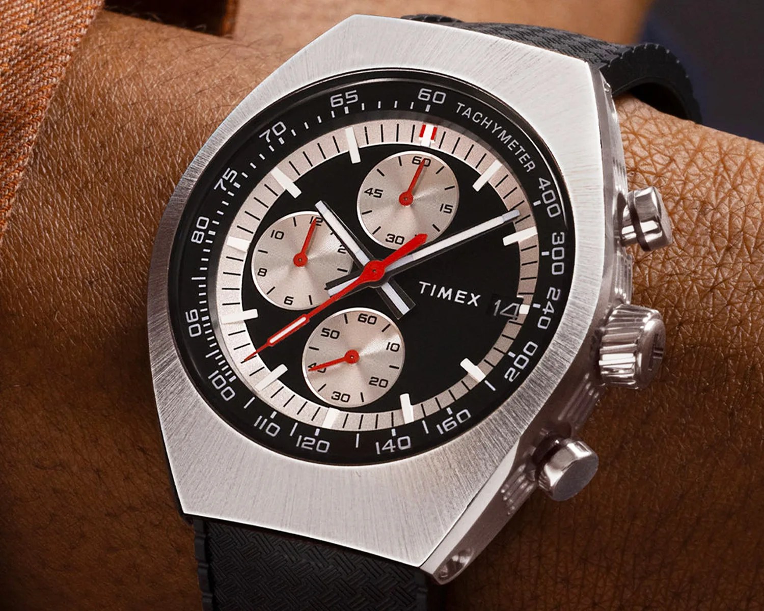 timex chronograph on a mans wrist