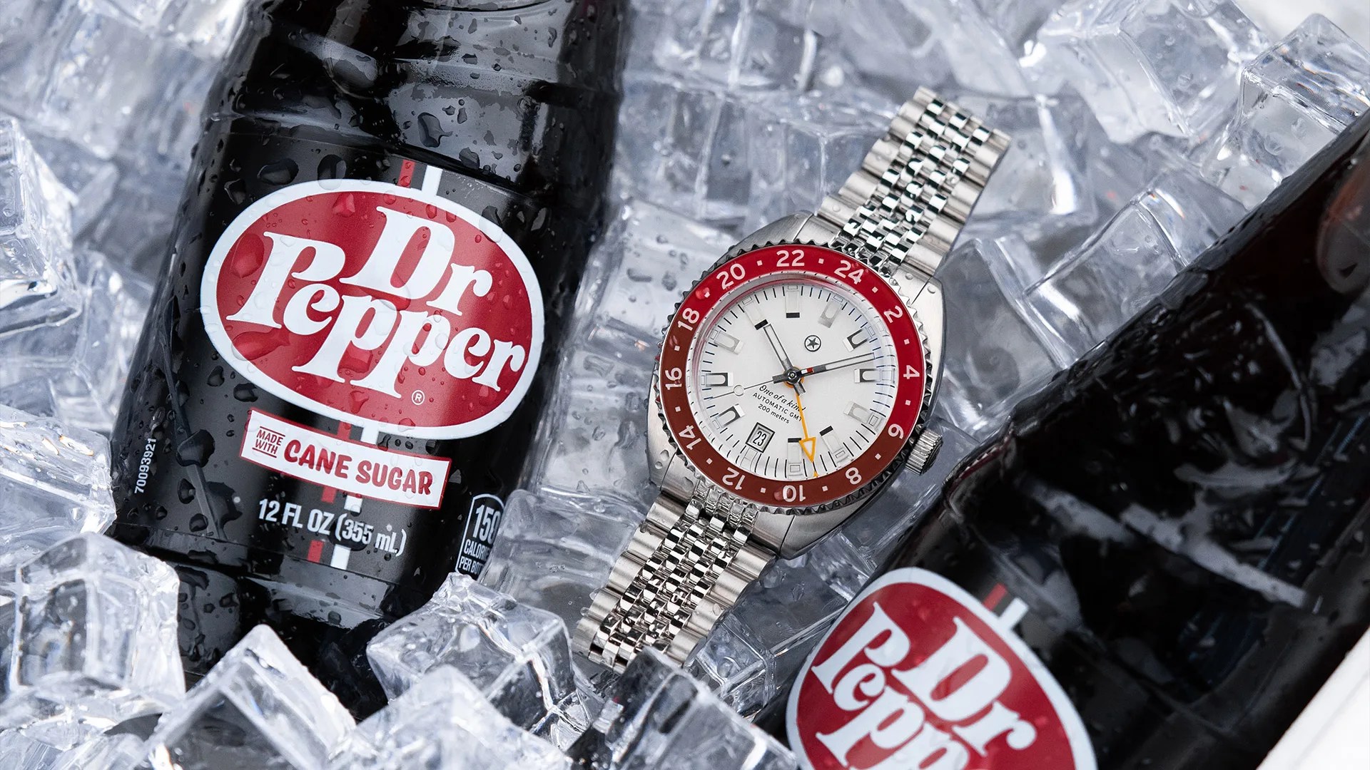 jack mason watch and doctor pepper soda sitting in ice