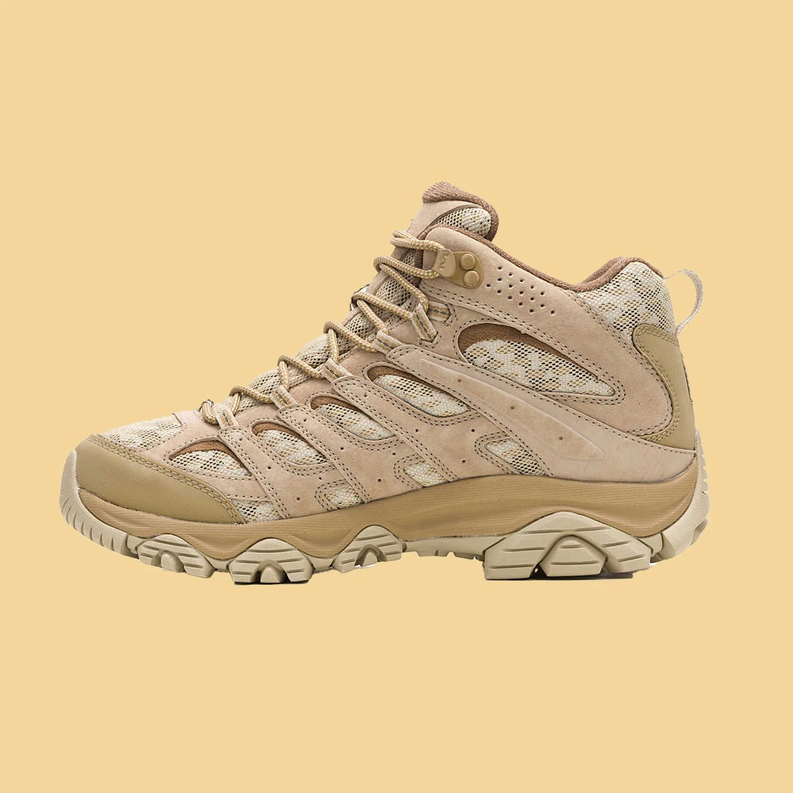Profile view of the Merrell Moab 3 in camo shown against a light yellow background