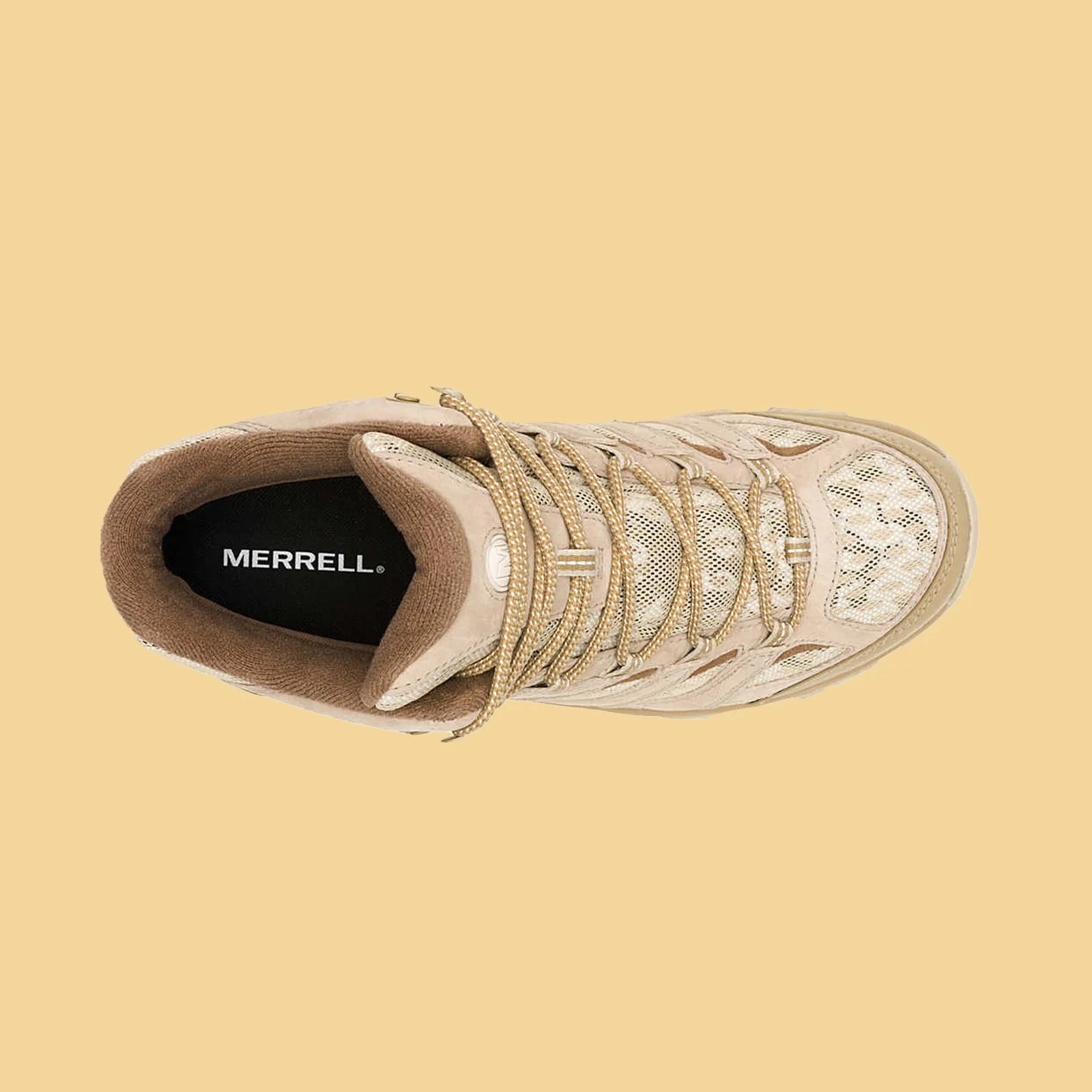 Merrell Moab 3 camo shown from above to show the laces and tongue pattern. The shoe is shown against a light yellow background. 