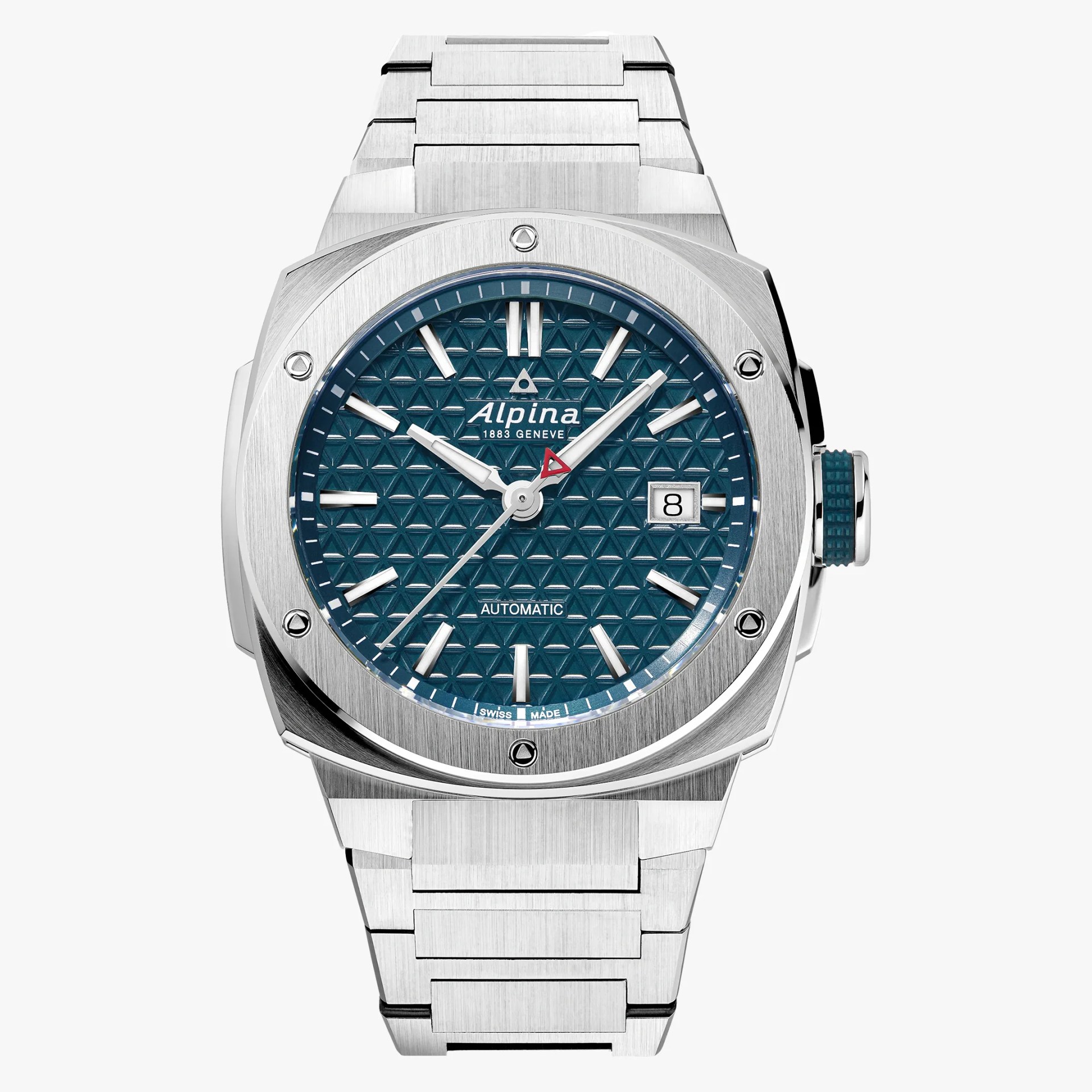 Stainless steel Alpina wristwatch with blue textured dial, silver hour markers, date window, and matching metal bracelet.