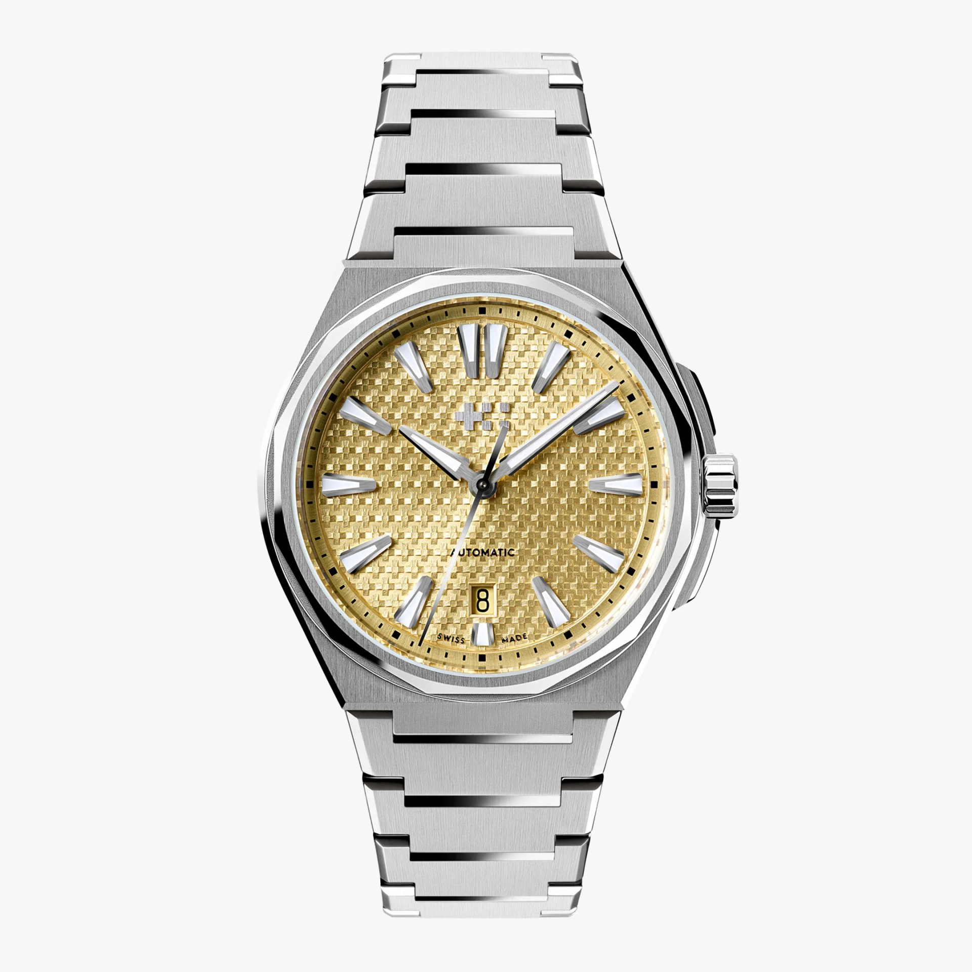 Silver metal wristwatch with a textured gold dial, silver hour markers, and a date window at 6 o'clock.