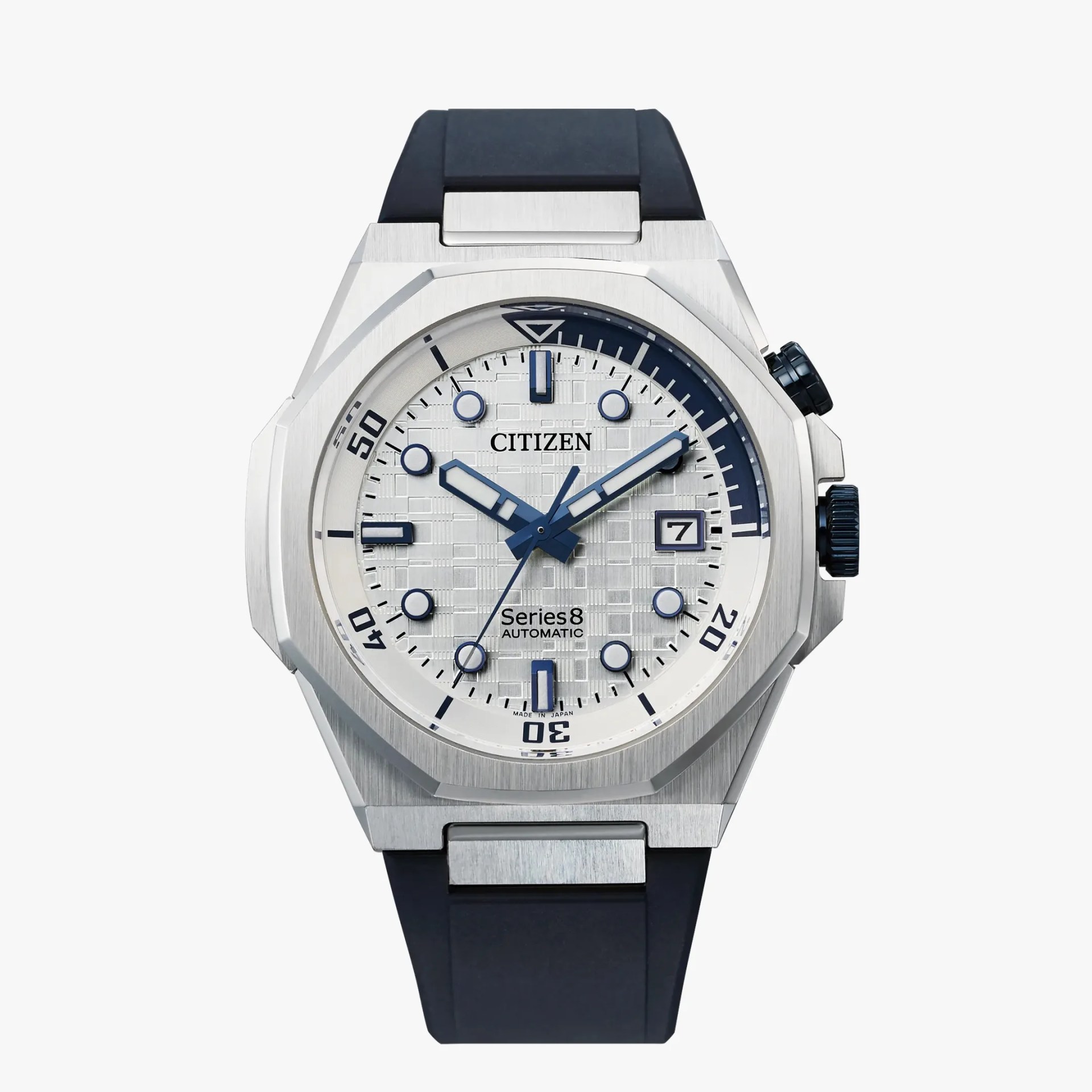 Silver Citizen Series 8 automatic watch with blue hands and markers and black strap.