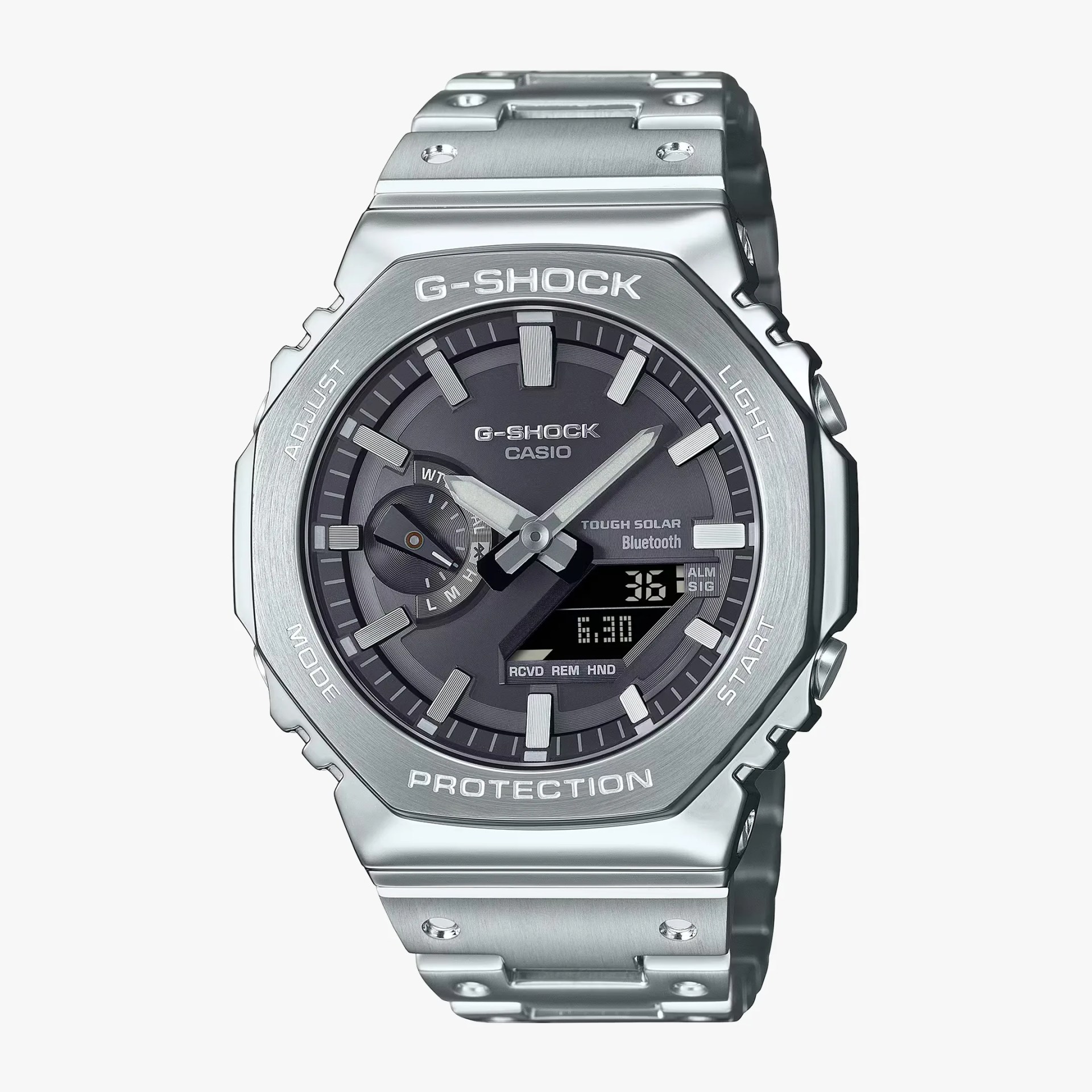 Silver metal Casio G-Shock watch with black dial, analog-digital display, and metal link bracelet.
