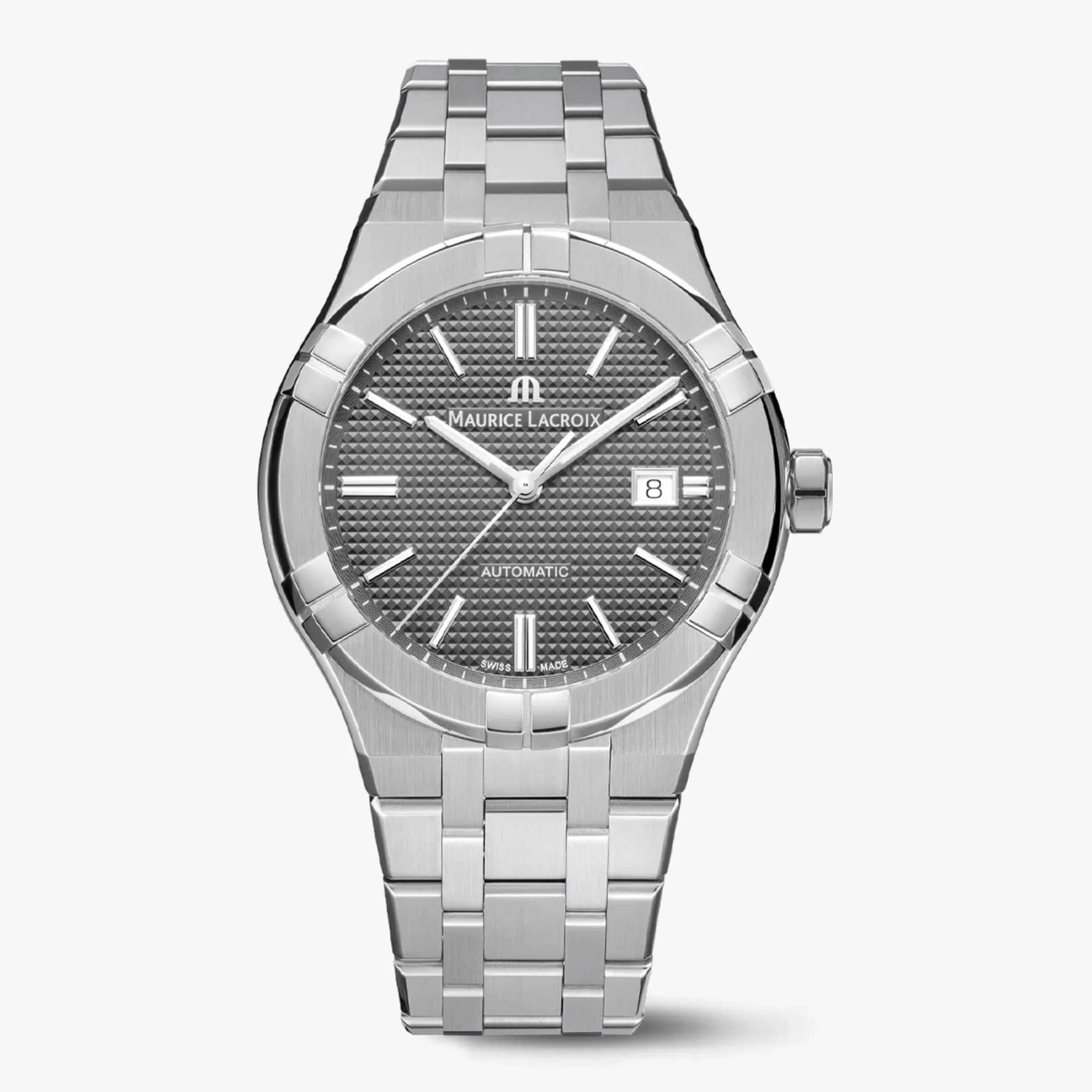 Silver Maurice Lacroix automatic wristwatch with textured black dial and date window at 3 o'clock.