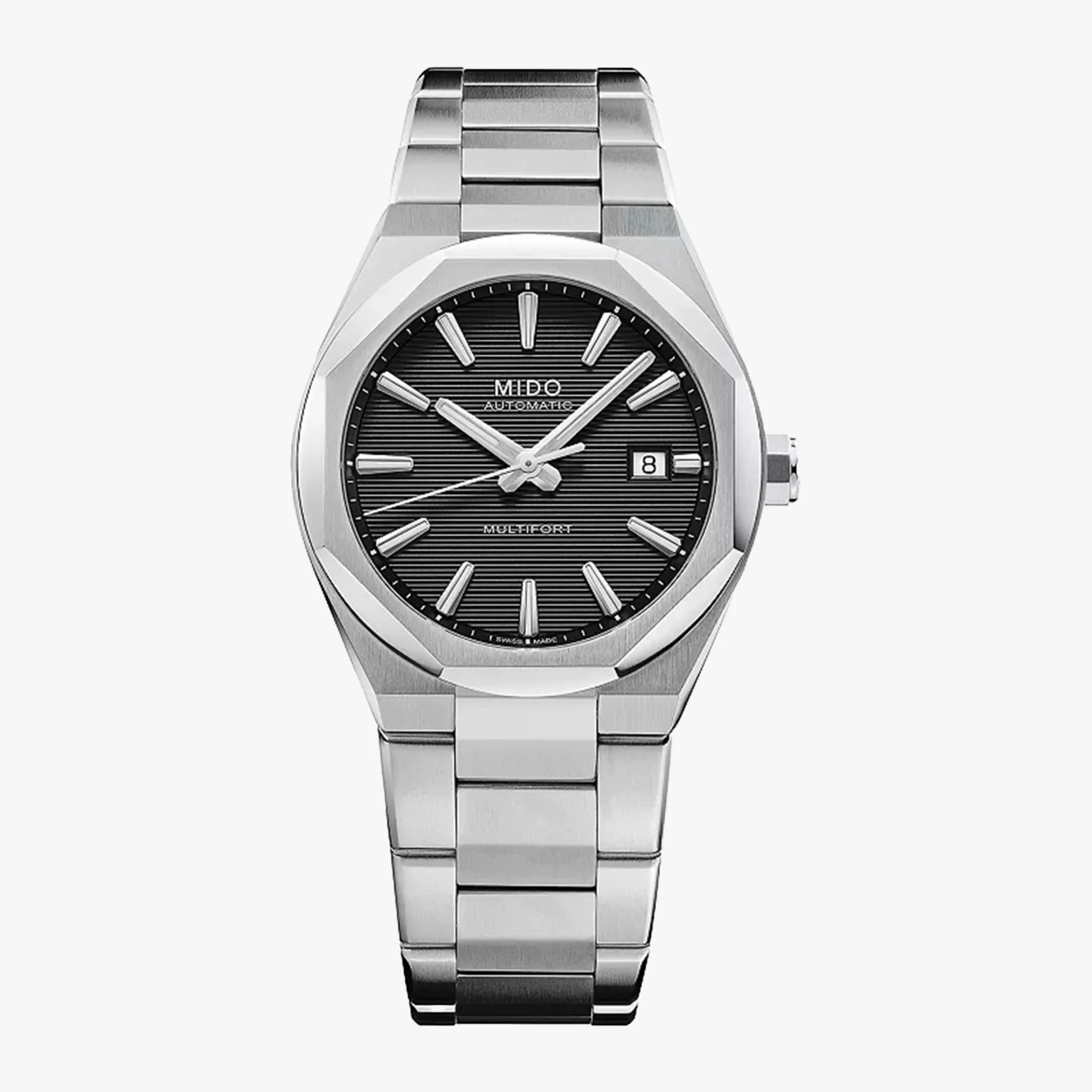 Stainless steel Mido Multifort automatic watch with black textured dial and date window at 3 o'clock.